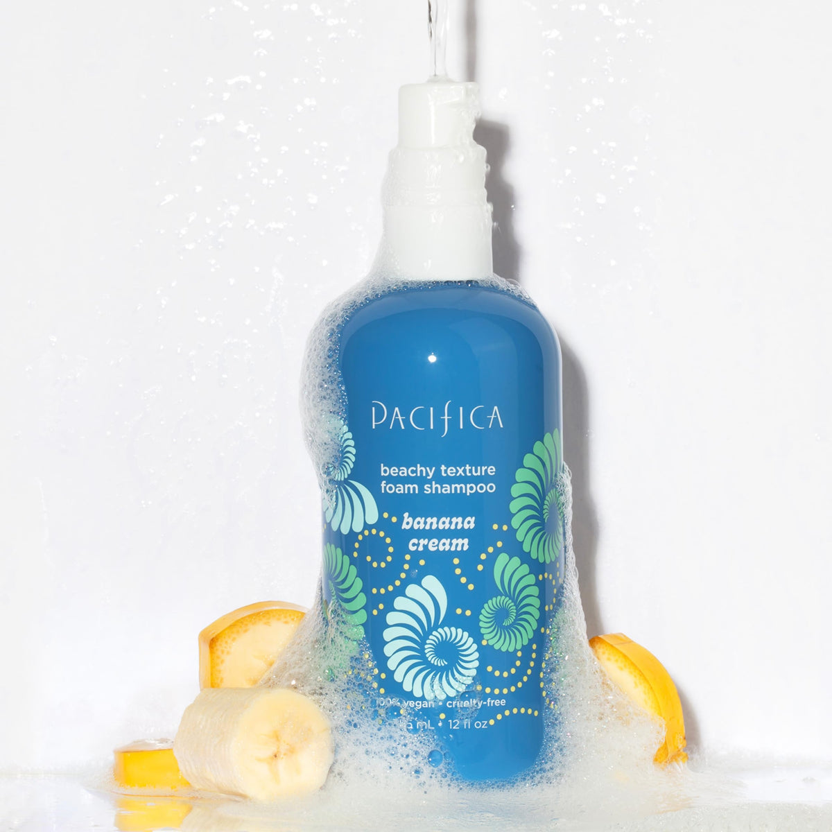 Pacifica Banana Cream Texture Foam Shampoo bottle for voluminous beachy waves.