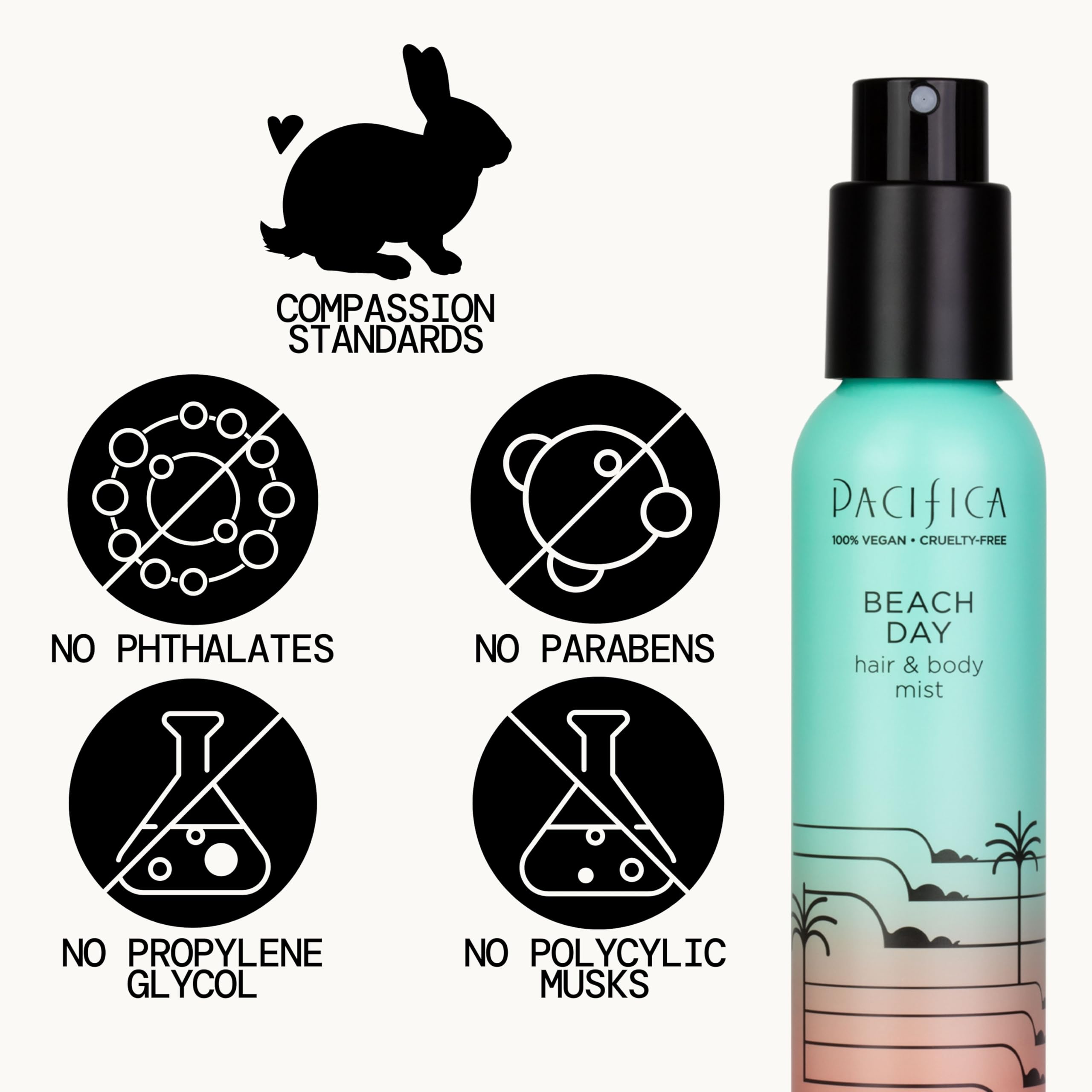 Pacifica Beach Day Hair Mist amber and musk base notes.