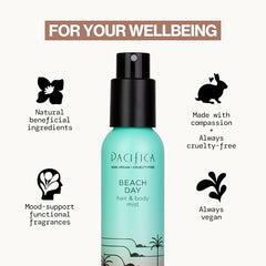 Pacifica Beach Day Hair Mist bottle back view with label details.