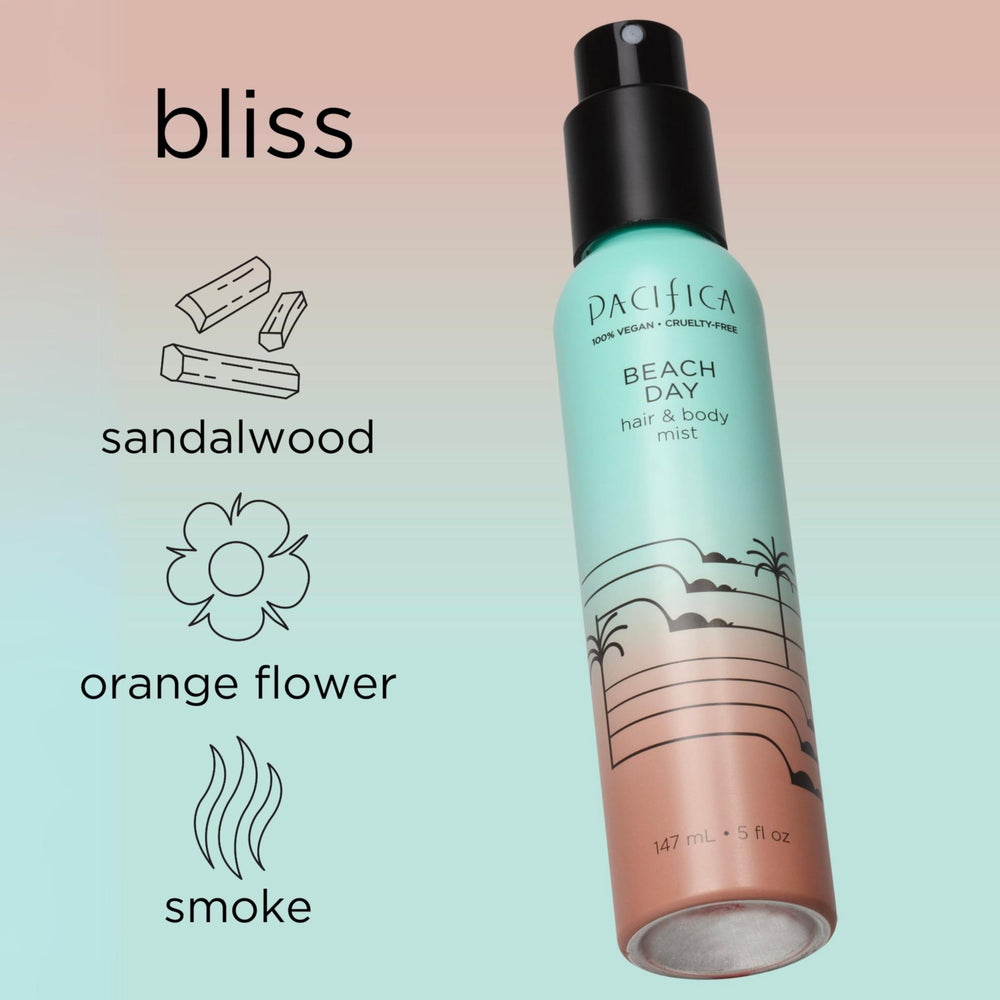 Pacifica Beach Day Hair Mist packaging emphasizes eco-friendly choice.