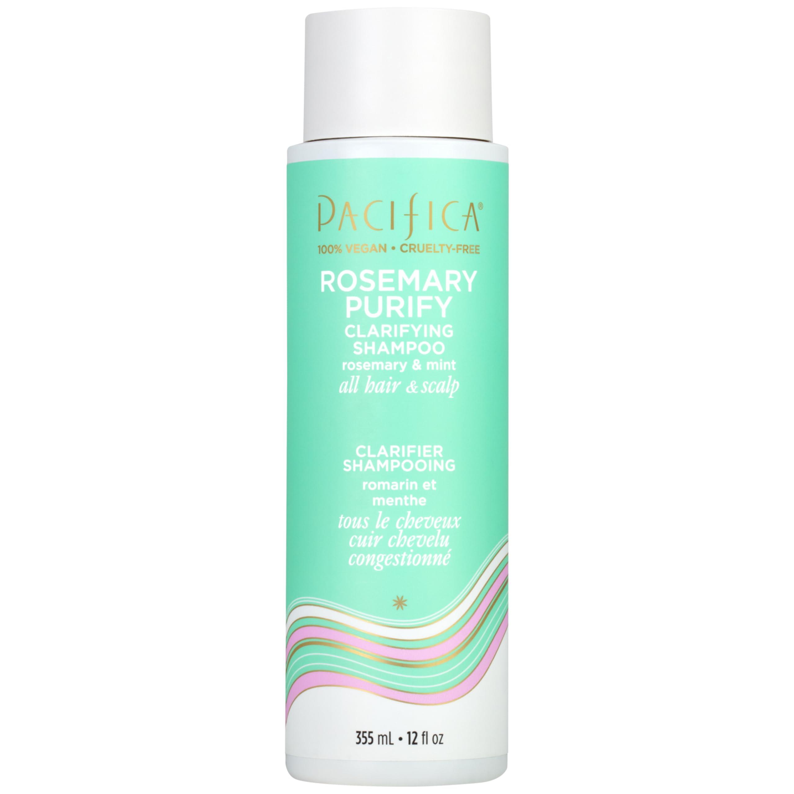 Pacifica Rosemary Purify Shampoo, botella-frente: limpieza profunda y frescura herbal.