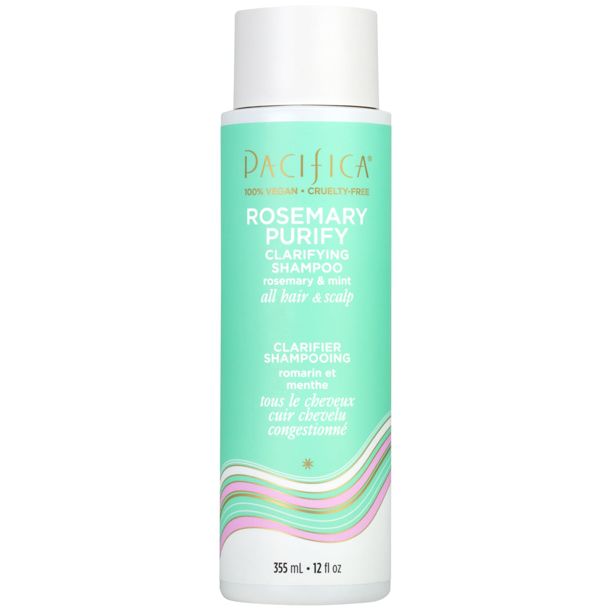 Pacifica Rosemary Purify Shampoo, botella-frente: limpieza profunda y frescura herbal.
