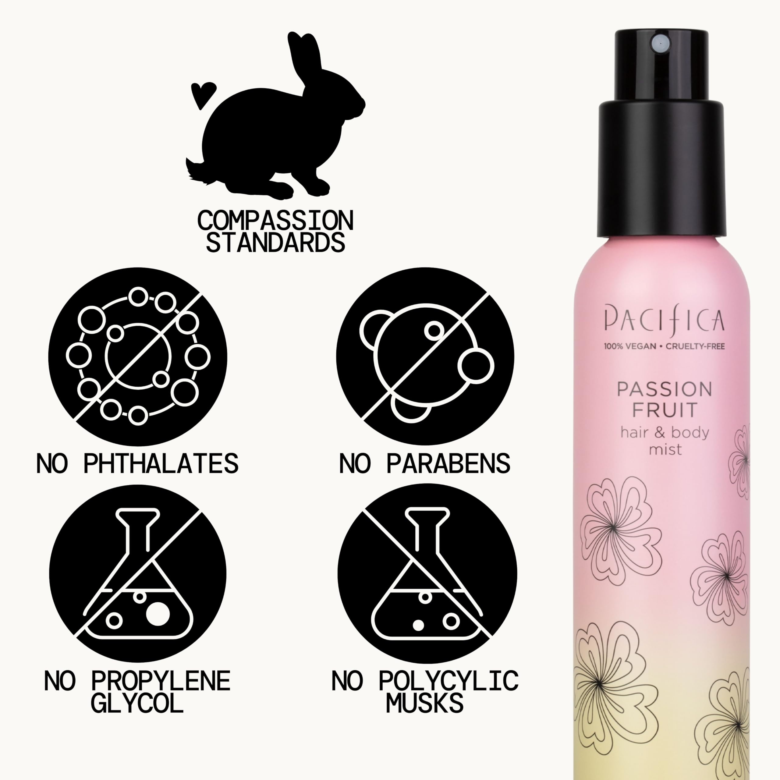 Pacifica clean beauty ingredients badge communicates vegan and cruelty-free ethos