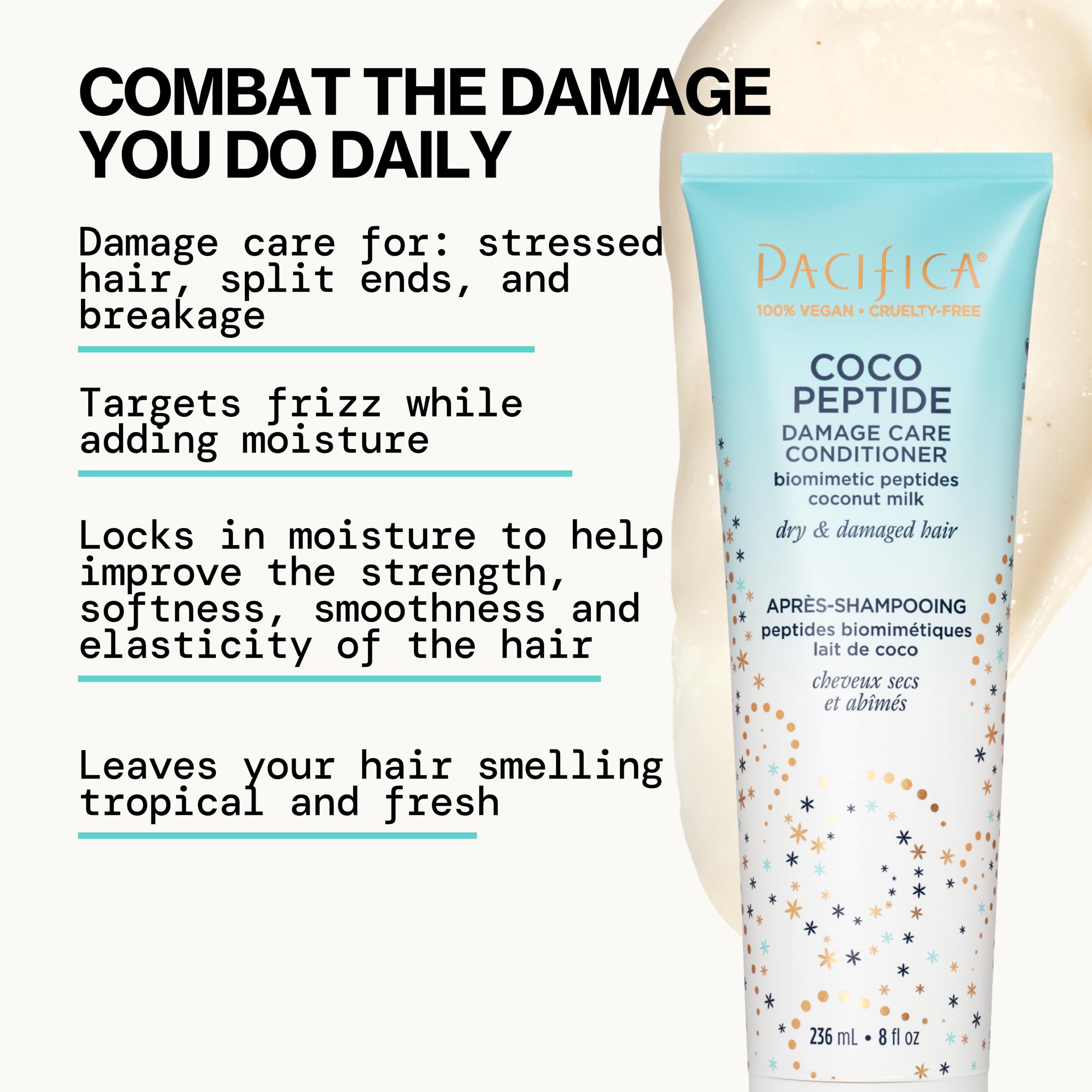 Pacifica Coco Peptide Damage Care copper peptides visual suggesting hair strength.