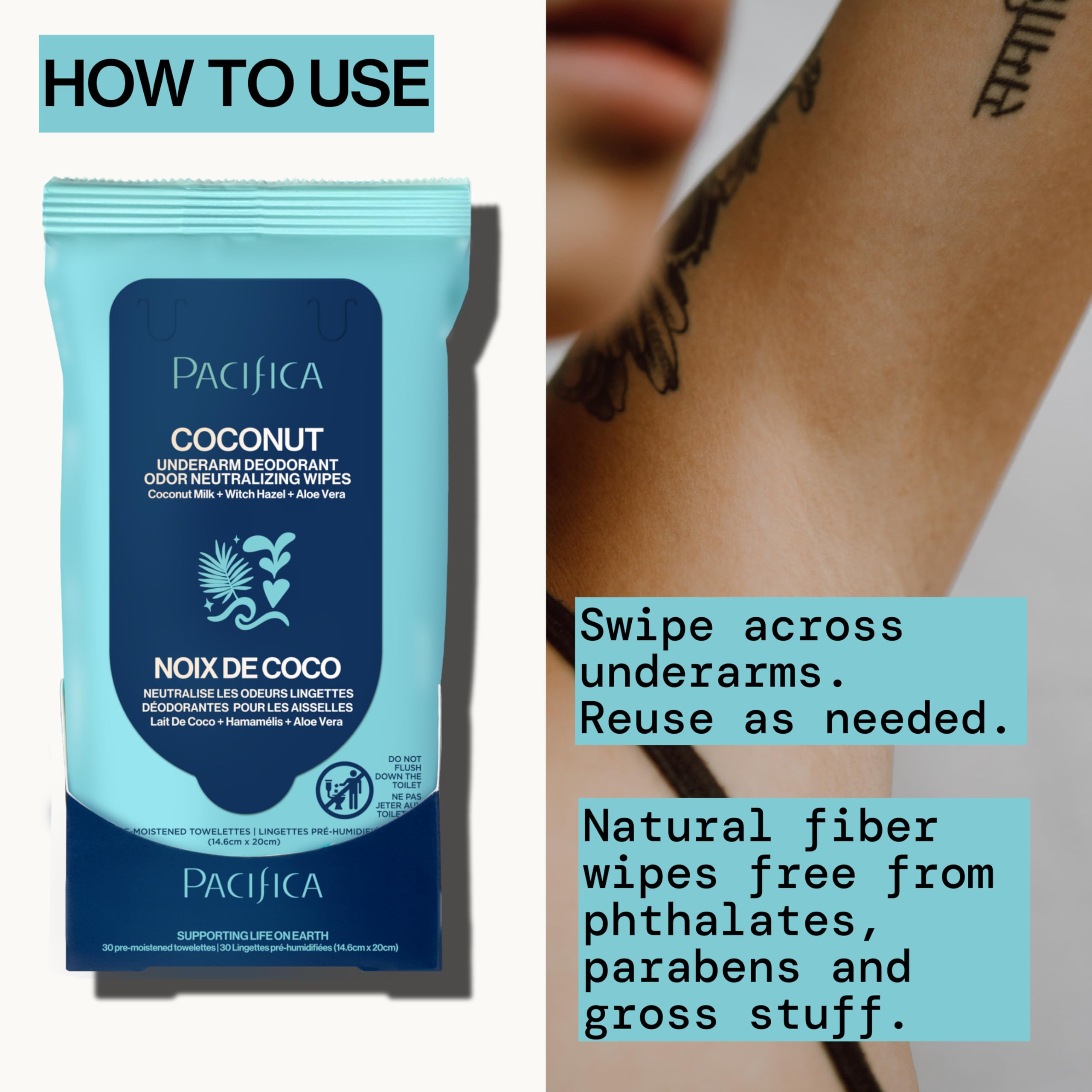 Pacifica compostable fibers and aluminum-free packaging support eco-friendly use.