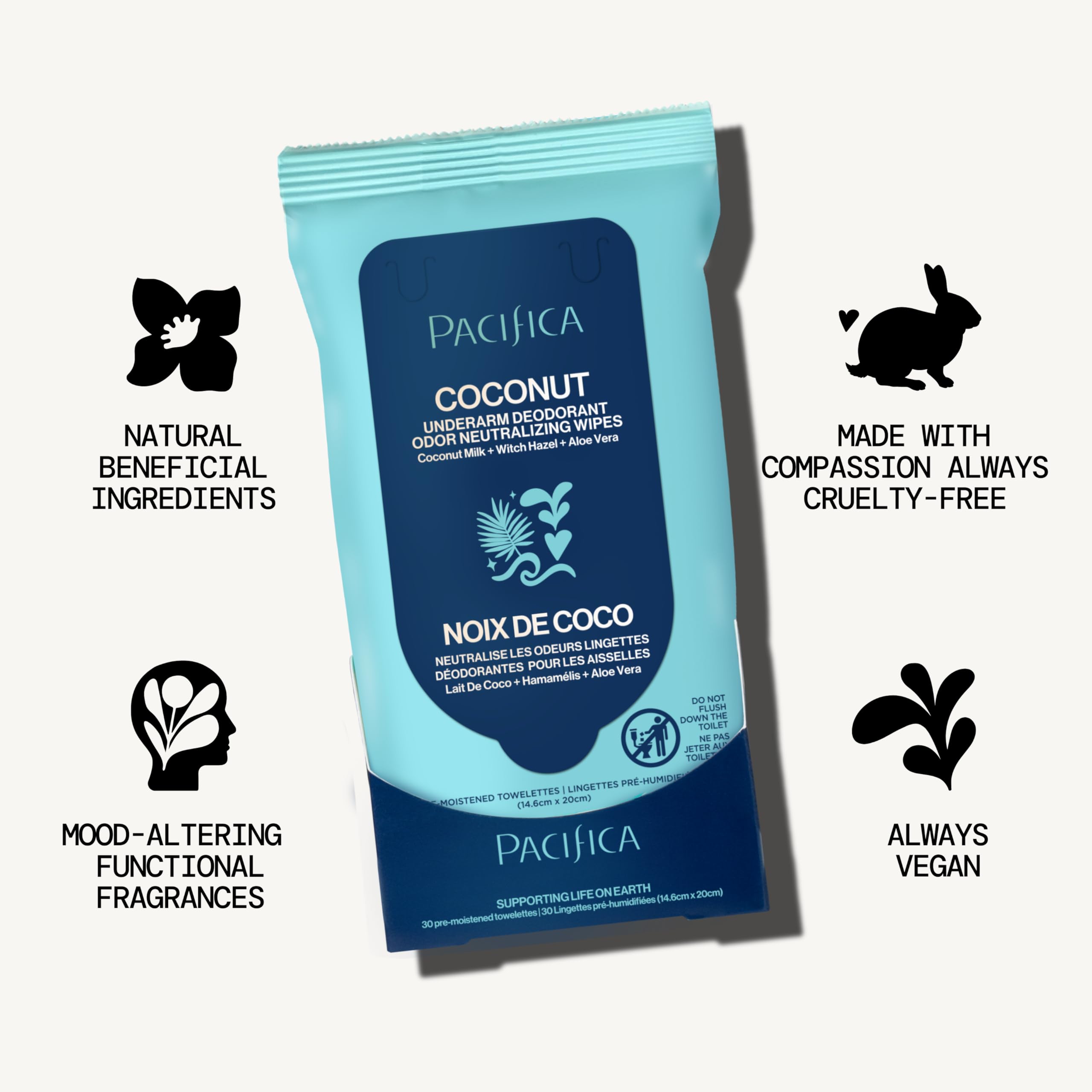 Pacifica travel-friendly underarm wipes tucked in a compact bag for errands.
