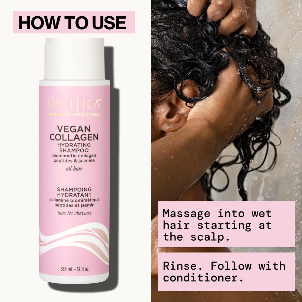 Pacifica Collagen Vegan Shampoo brillo suave y control del frizz sin silicona.