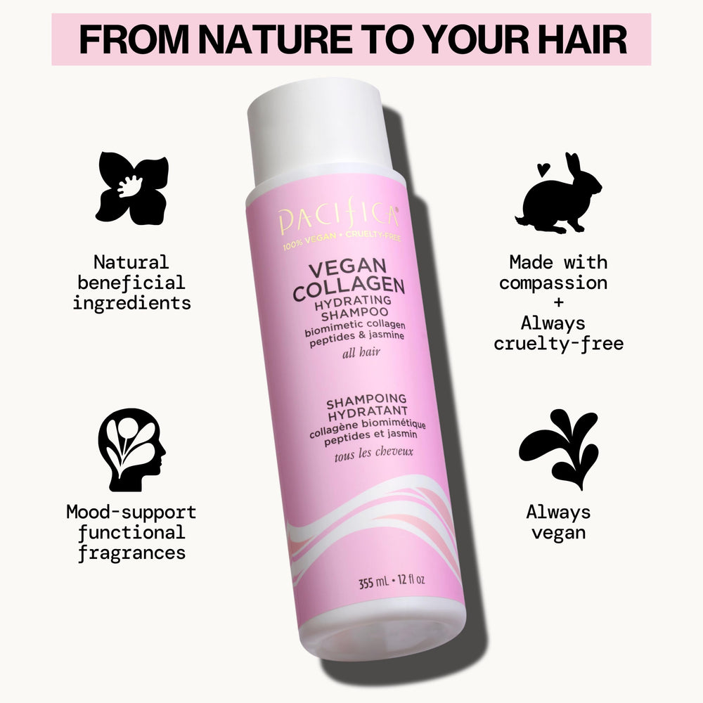 Pacifica Collagen Vegan Shampoo cabello definido y liso tras secado.