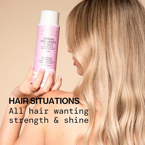 Pacifica Collagen Vegan Shampoo enfatiza panthenol B5 para suavidad y manejo.