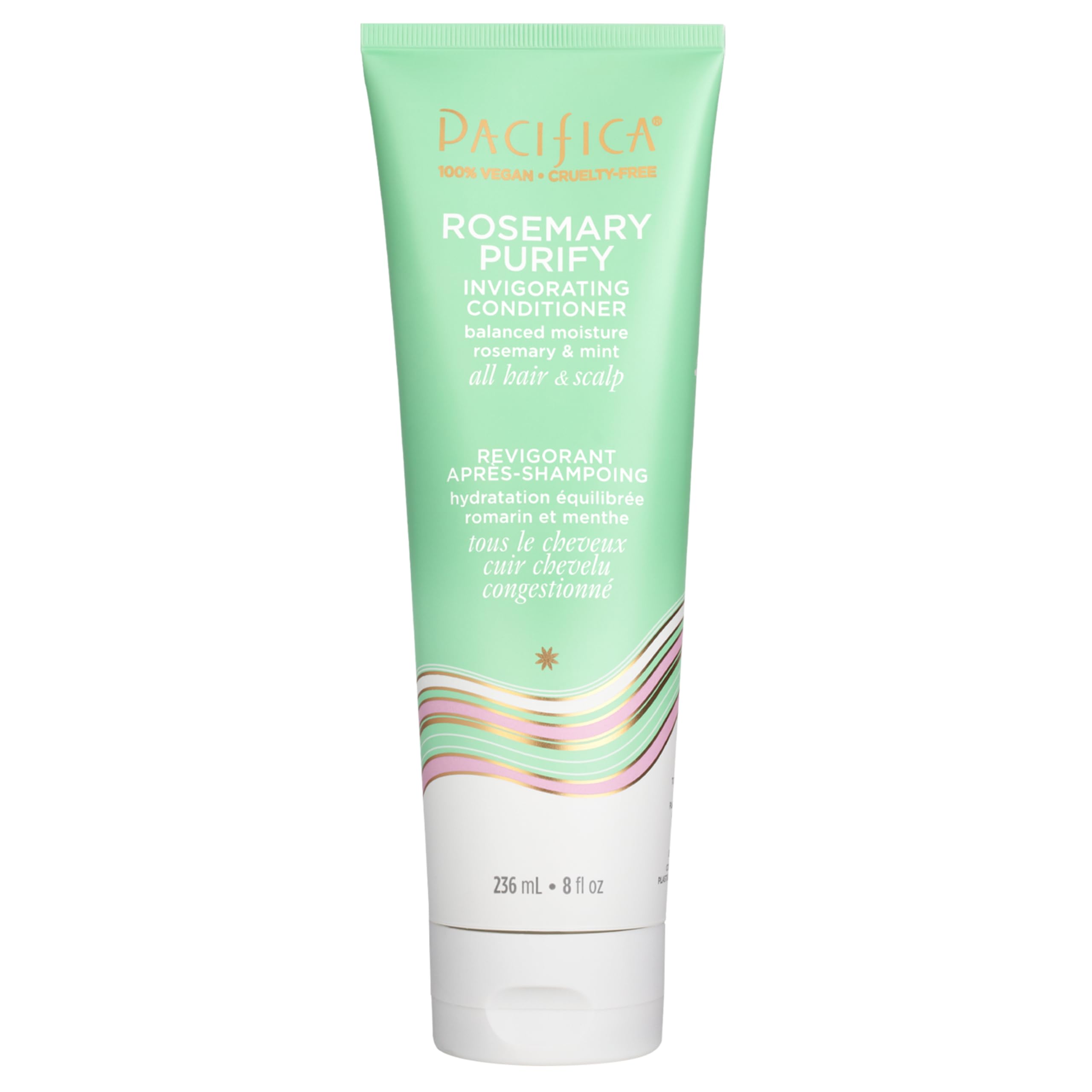 Acondicionador Pacifica Romero Menta en botella, hidratación ligera para cabello suave.
