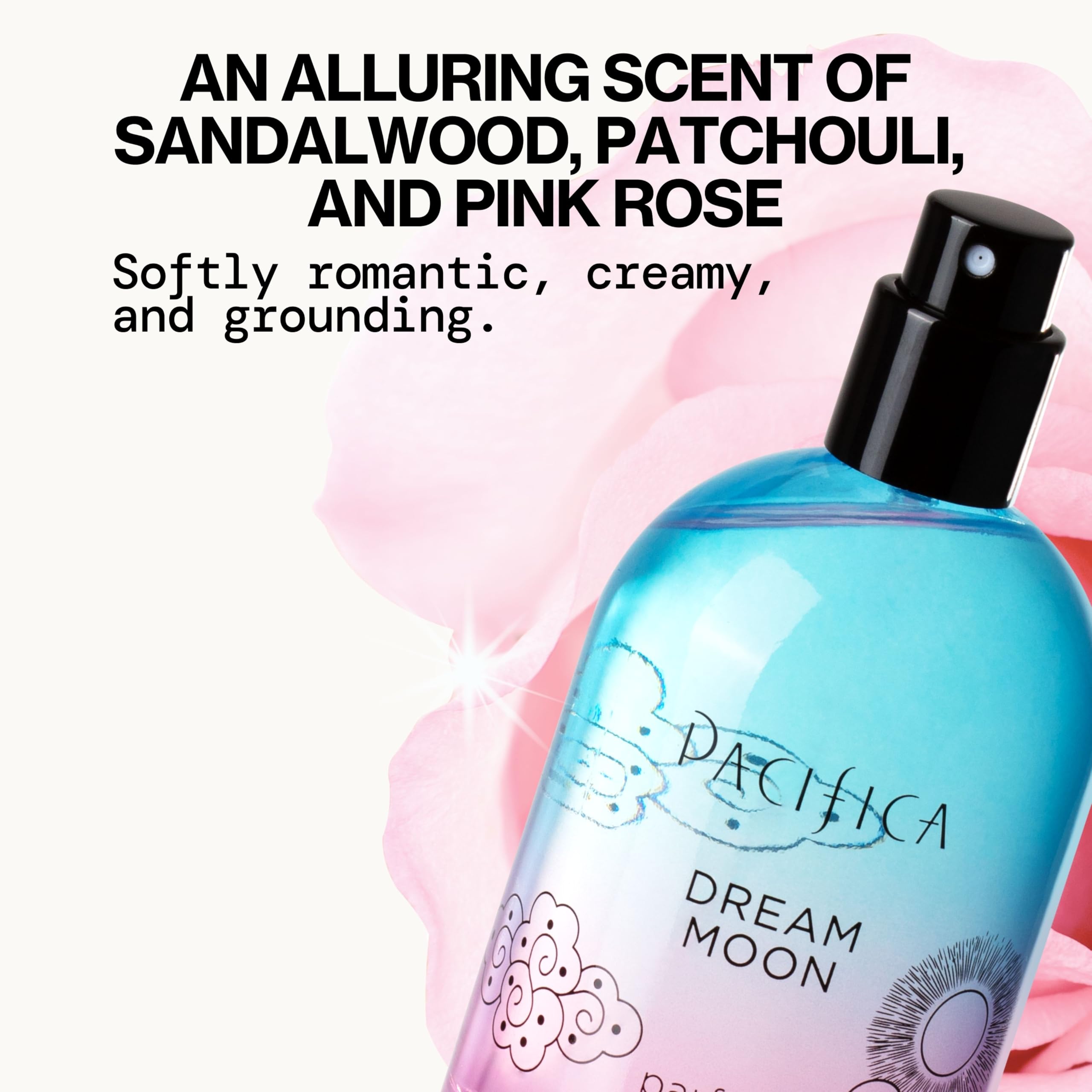 Pacifica Dream Moon atomizer mist close-up for subtle fragrance.