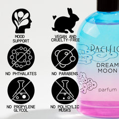 Pacifica Dream Moon glass bottle on vanity with eco-friendly packaging.