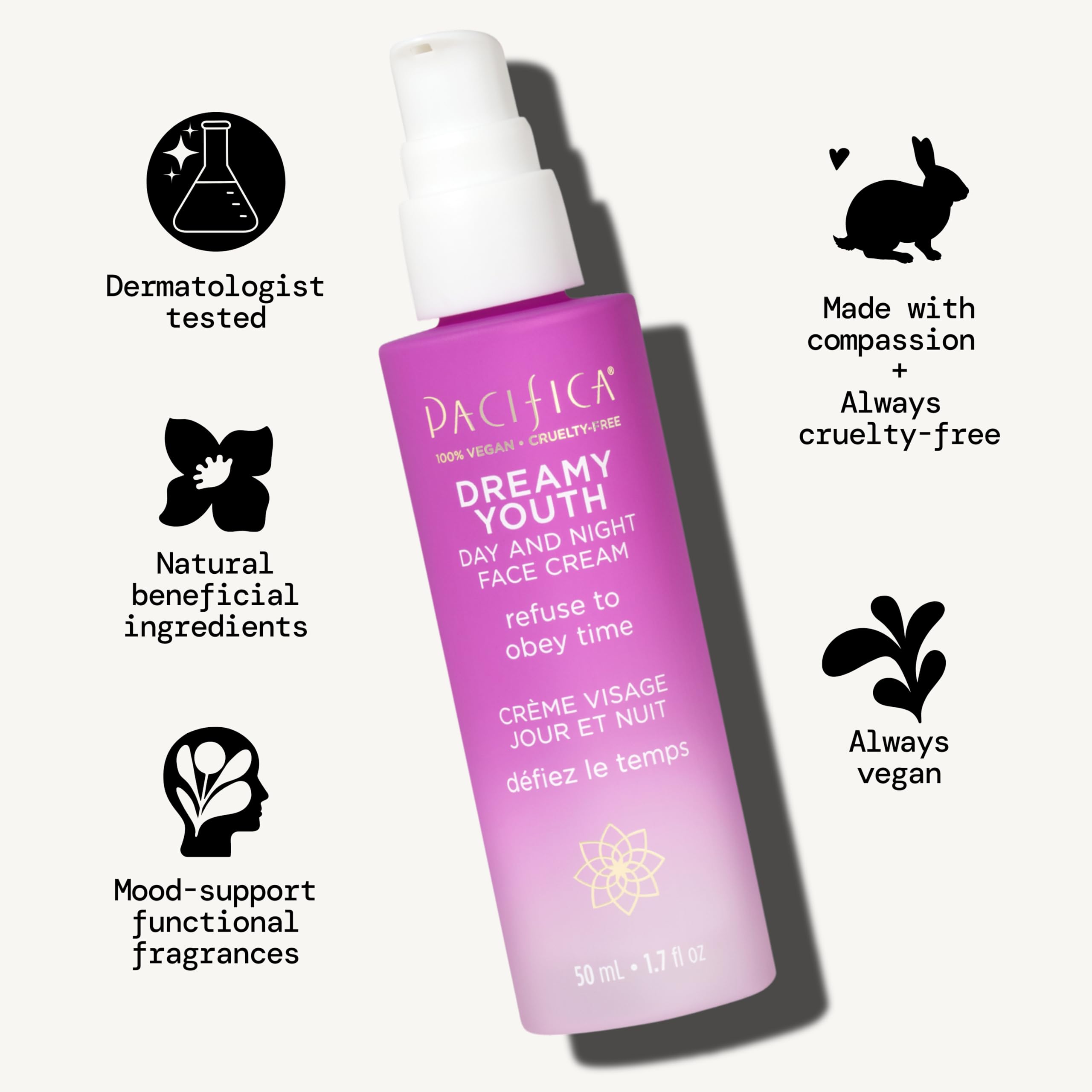 Pacifica Dreamy Youth fast-absorbing cream demonstrates non-greasy hydration.