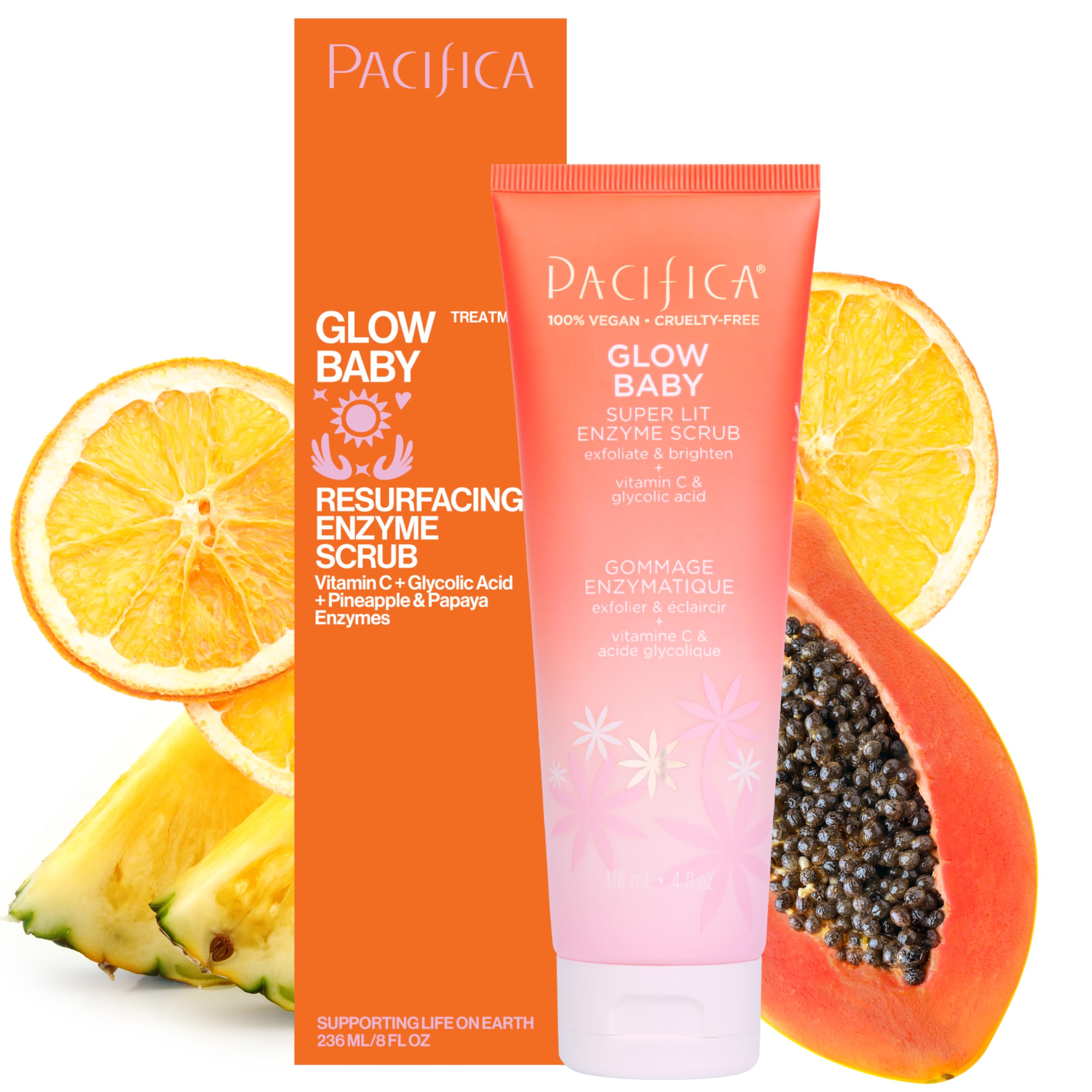 Pacifica exfoliante enzimático brillo bebe muestra textura fina para piel suave.