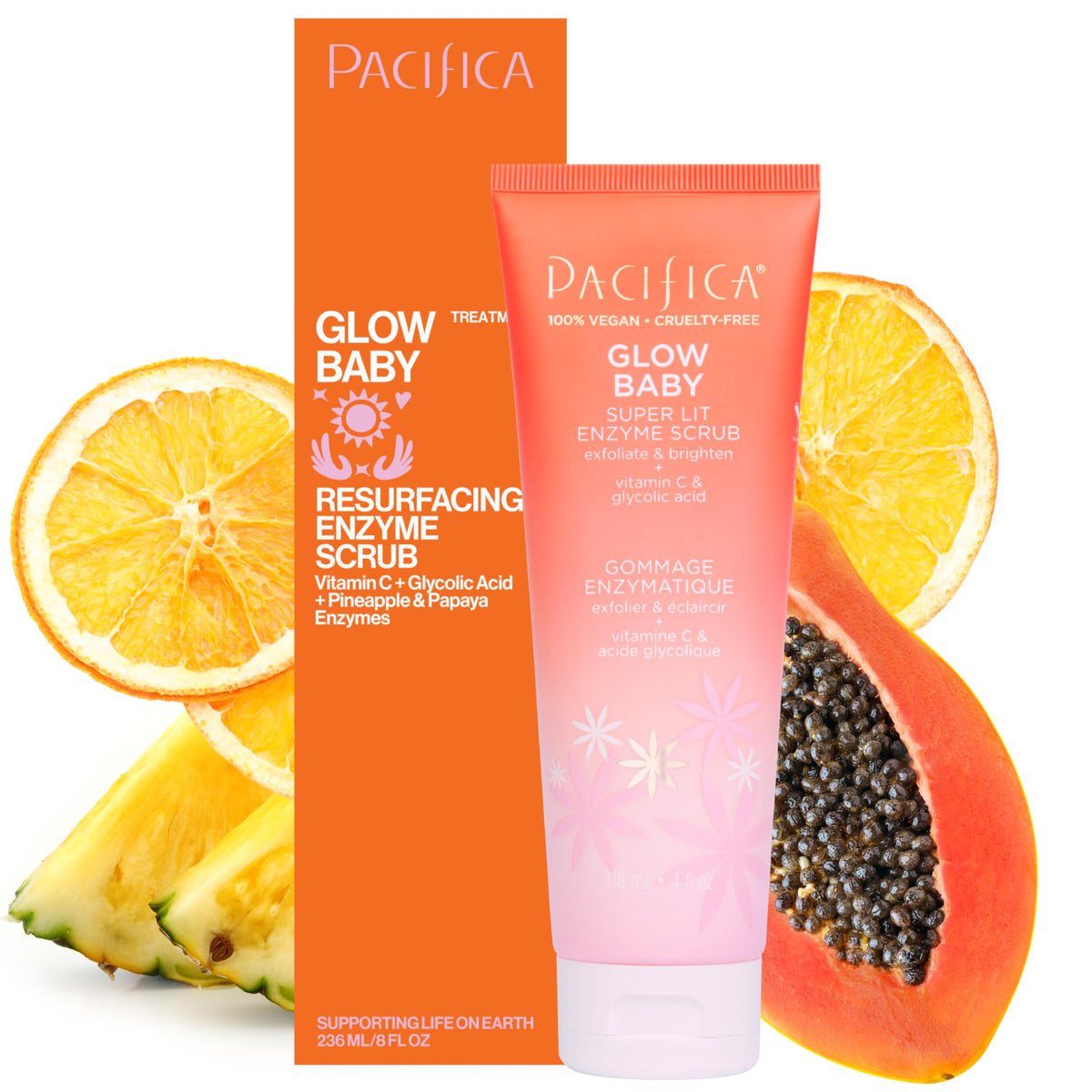 Pacifica exfoliante enzimático brillo bebe muestra textura fina para piel suave.