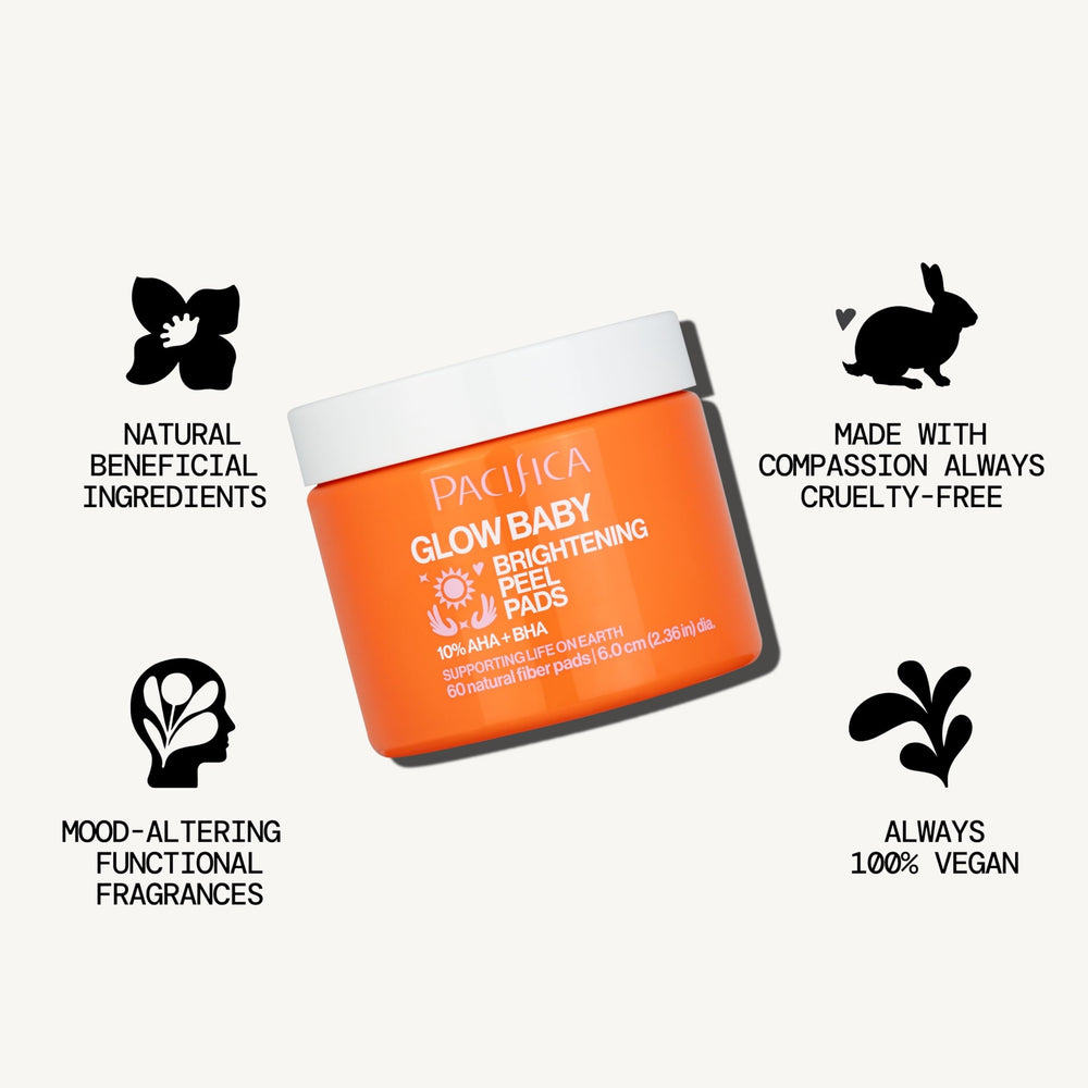 Pacifica Glow Baby Peel Pad con extractos de frutas para luminosidad.