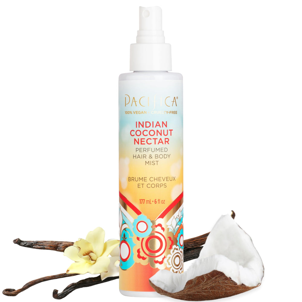 Pacifica Indian Coconut Nectar Hair & Body Mist bottle for quick fragrance refresh.