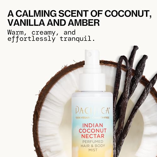 Pacifica Indian Coconut Nectar Hair Mist spray-dispense for easy, light application.