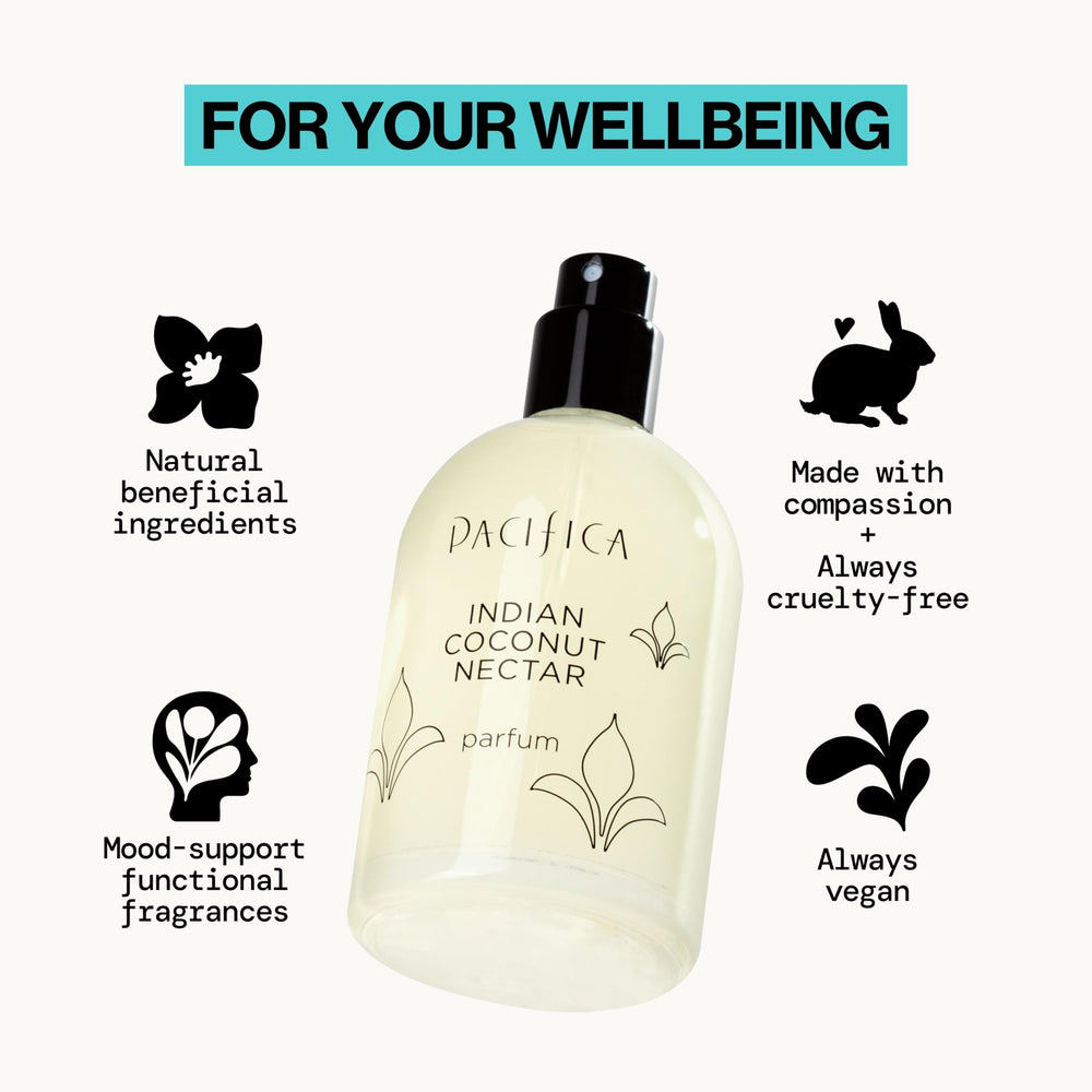 Recyclable packaging label on Pacifica Indian Coconut Nectar emphasizes eco-friendly beauty