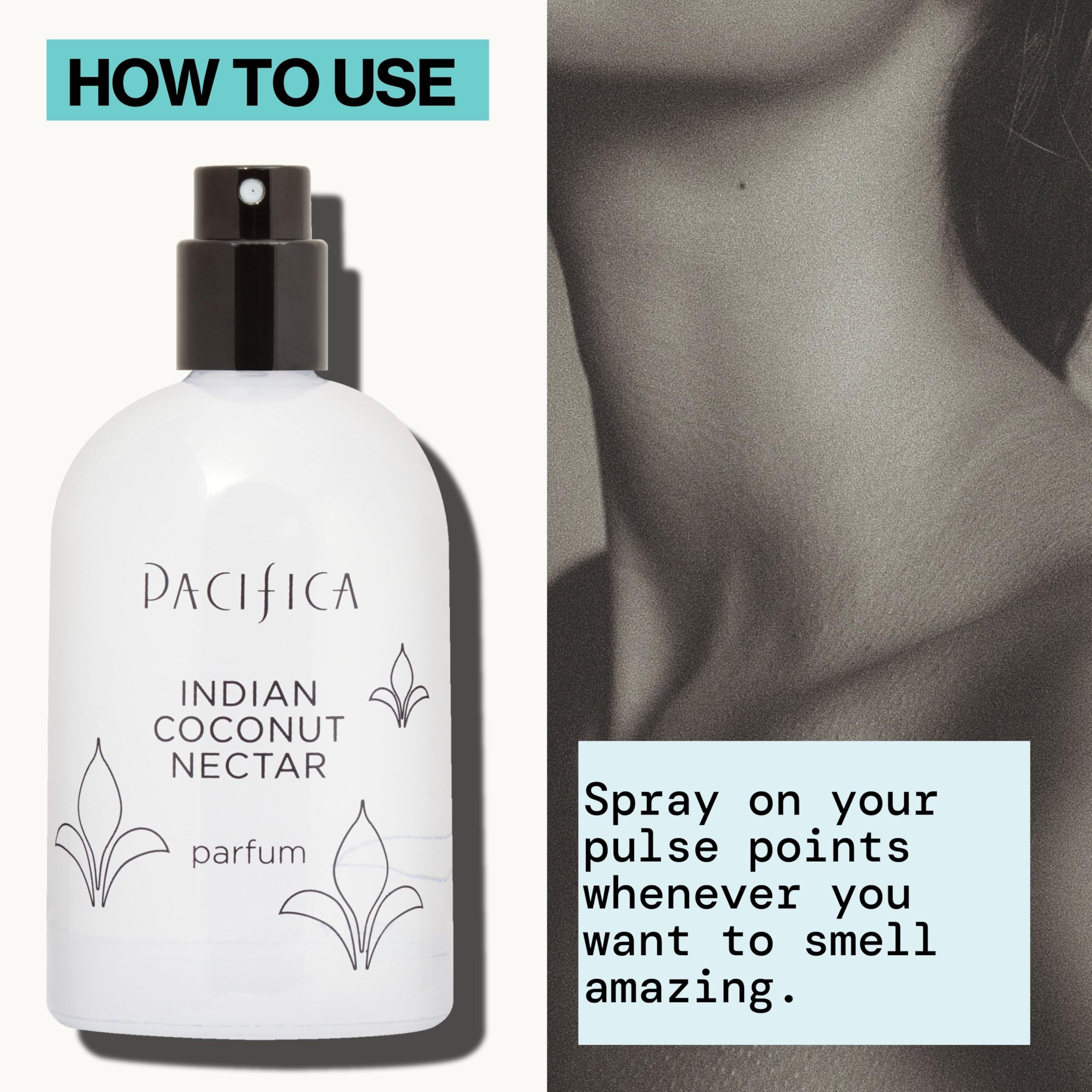 Pulse-point spray shot on wrist with Pacifica Indian Coconut Nectar