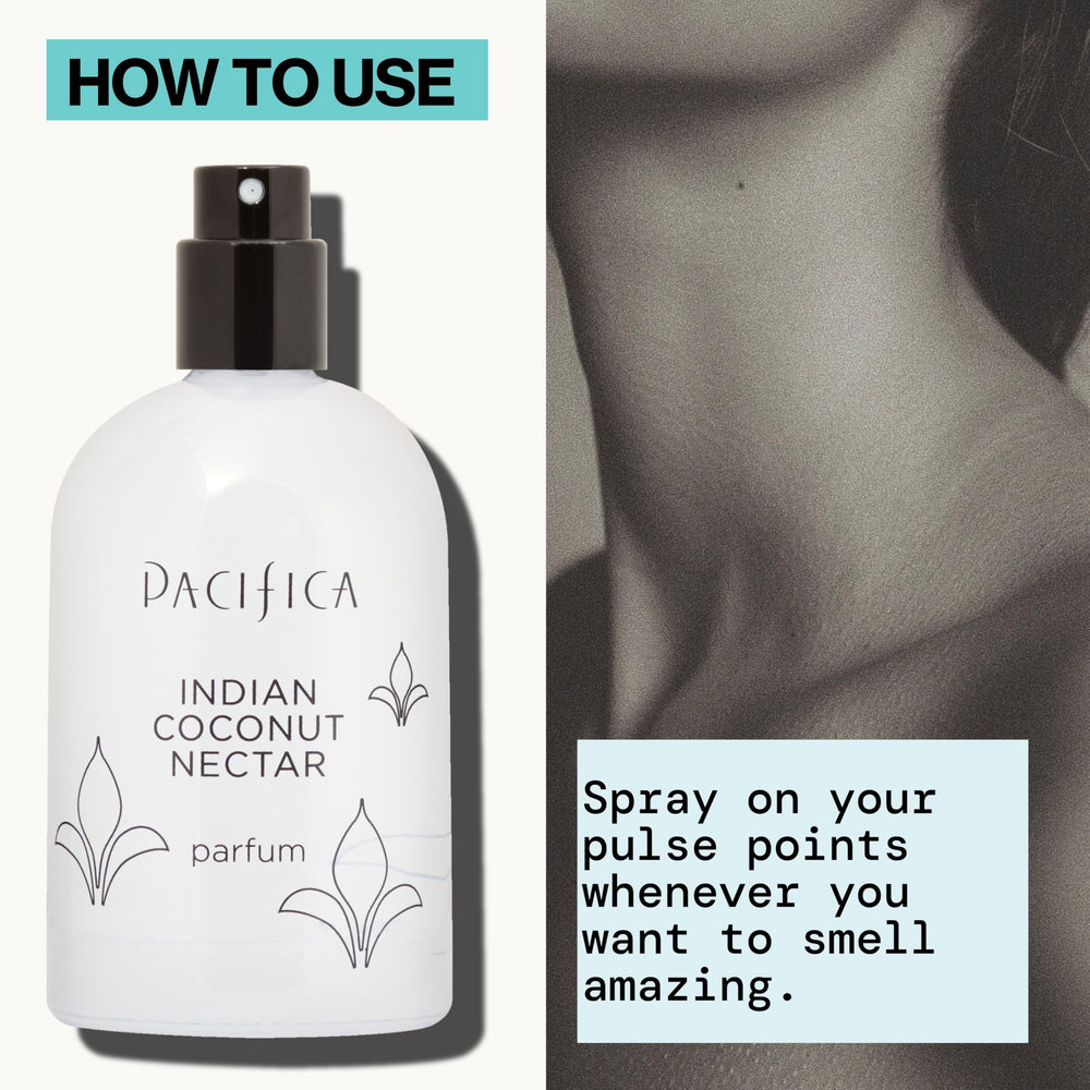 Pulse-point spray shot on wrist with Pacifica Indian Coconut Nectar