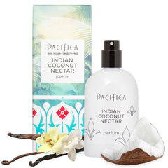 Pacifica Indian Coconut Nectar spray bottle on vanity showing long-lasting coconut-vanilla scent