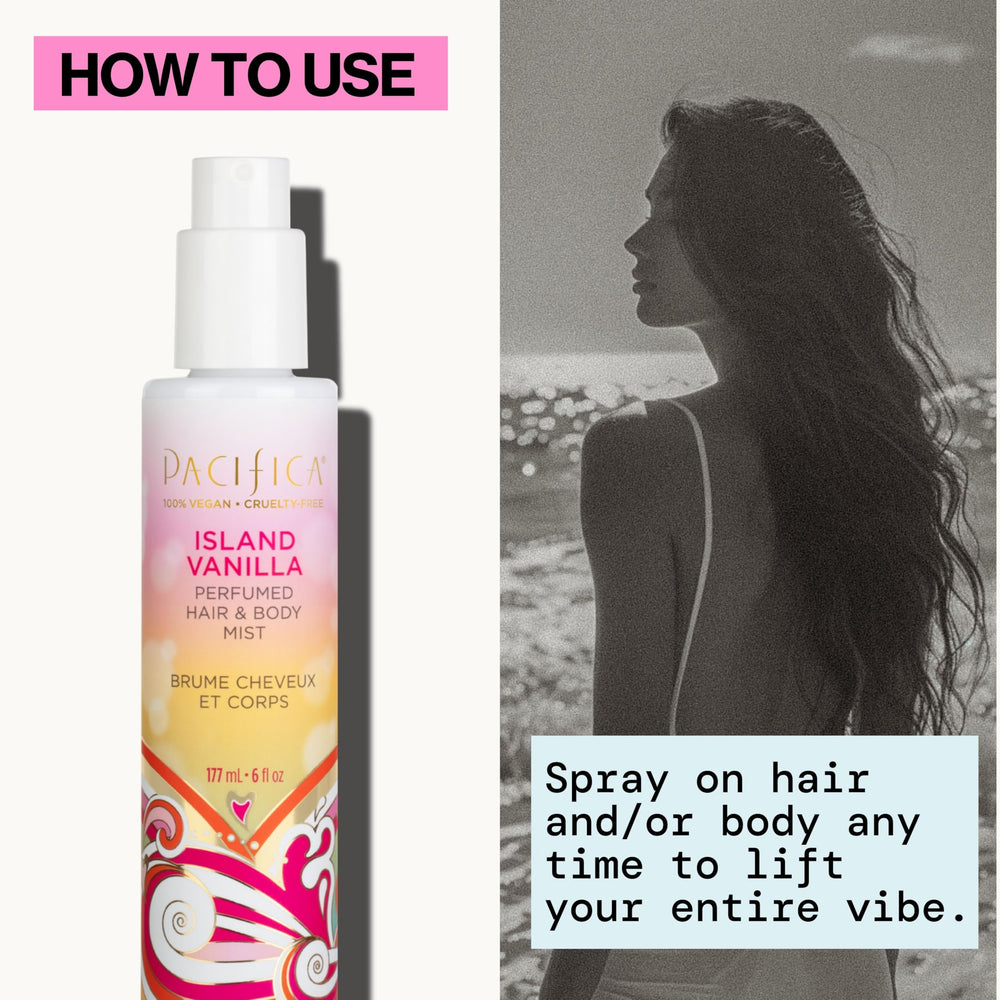 Pacifica Island Vanilla Hair Mist nightstand display inspires cozy ritual.