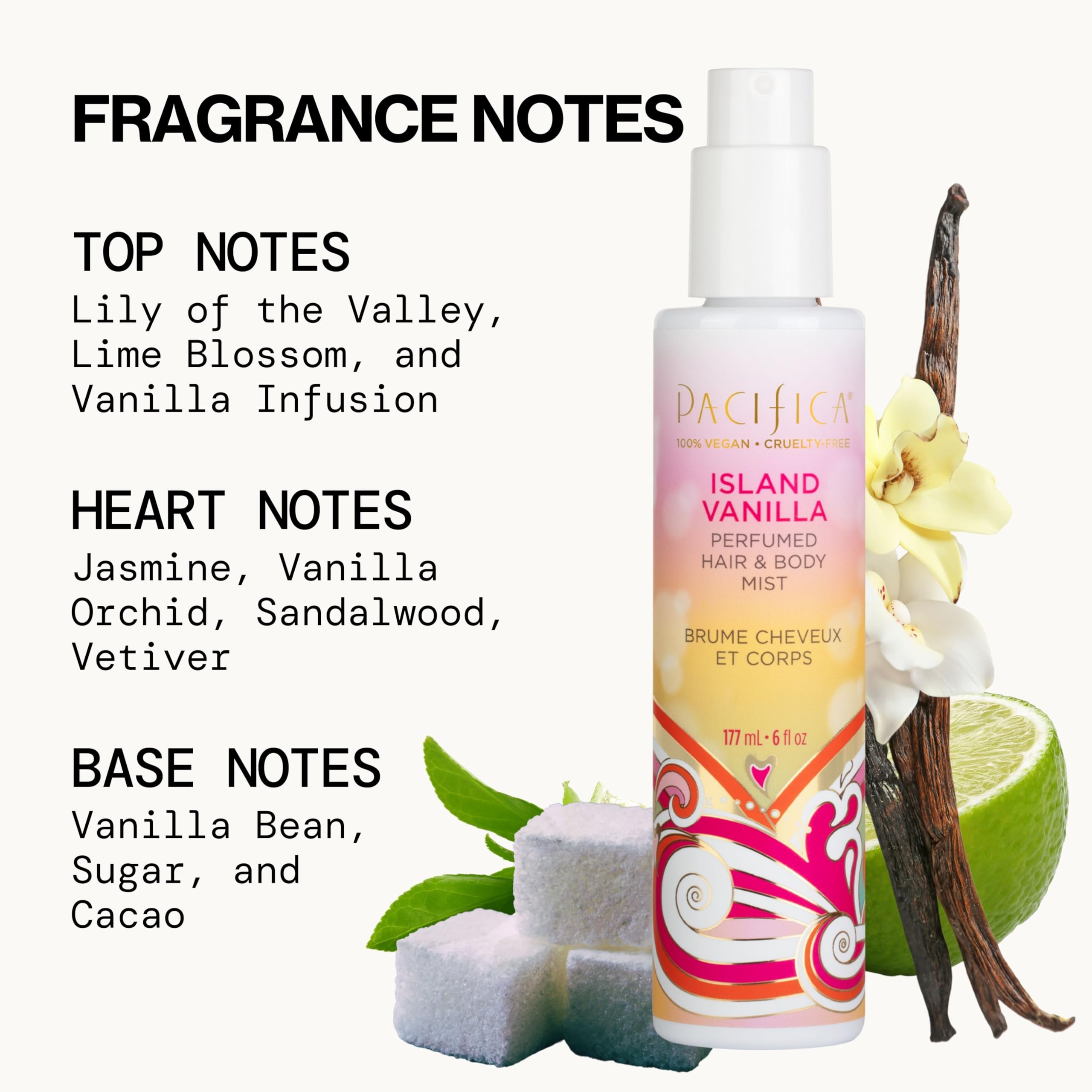 Pacifica Island Vanilla Hair Mist notes visualization: lily of the valley and lime blossom.