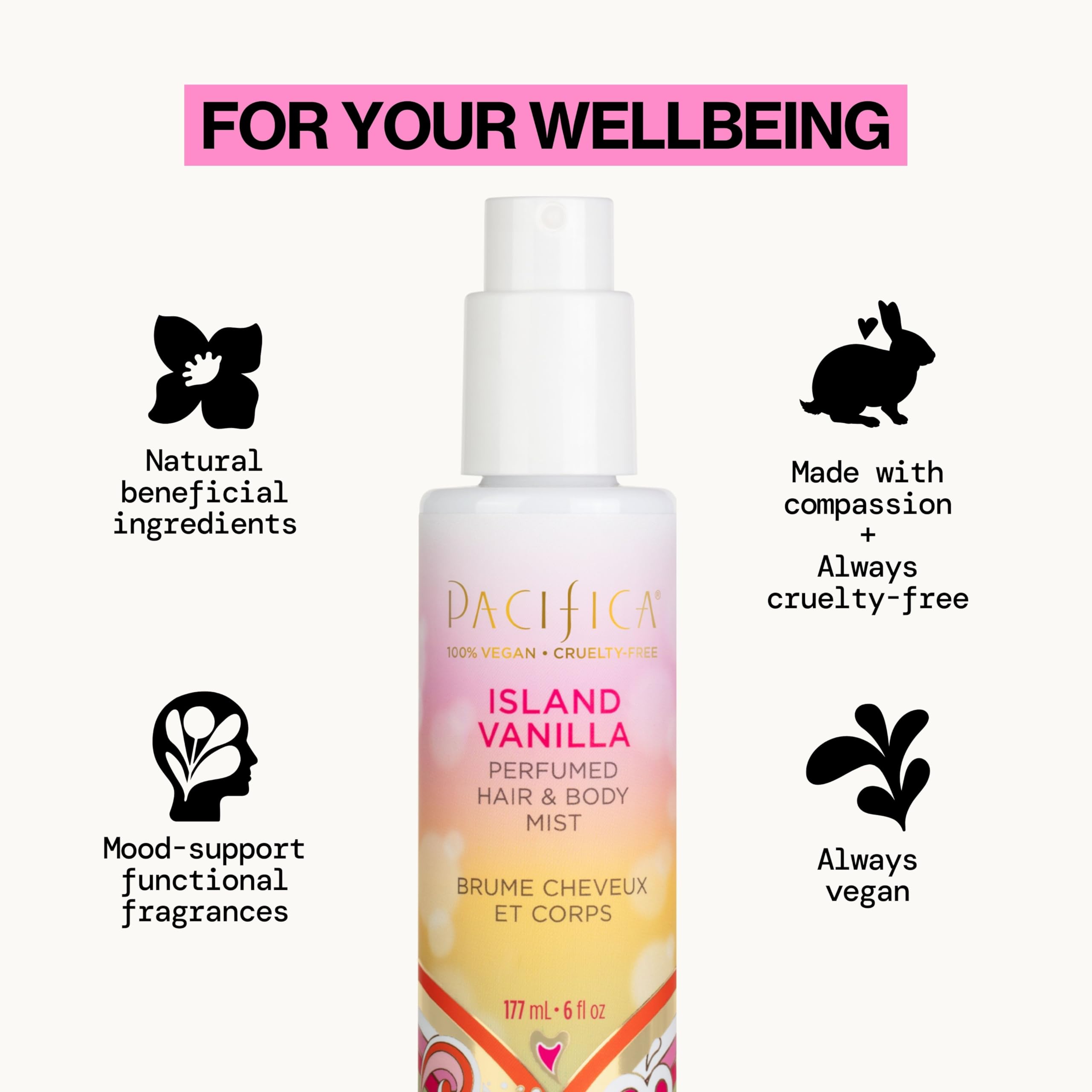 Pacifica Island Vanilla Hair Mist close-up highlights vanilla, jasmine, sandalwood on skin.