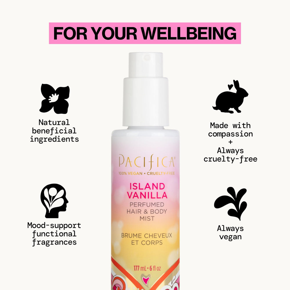 Pacifica Island Vanilla Hair Mist close-up highlights vanilla, jasmine, sandalwood on skin.