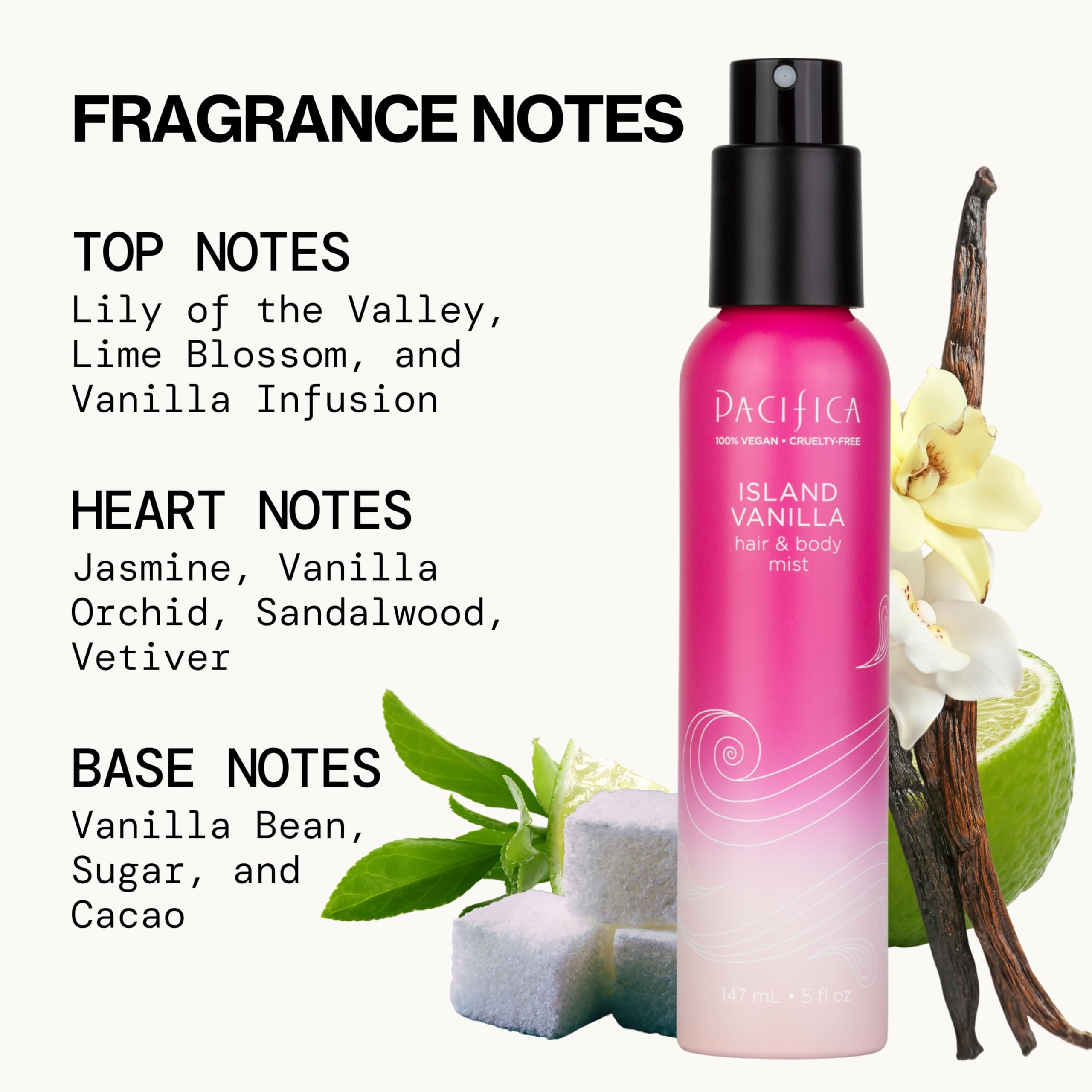 Pacifica Island Vanilla label close-up showing clean beauty values.