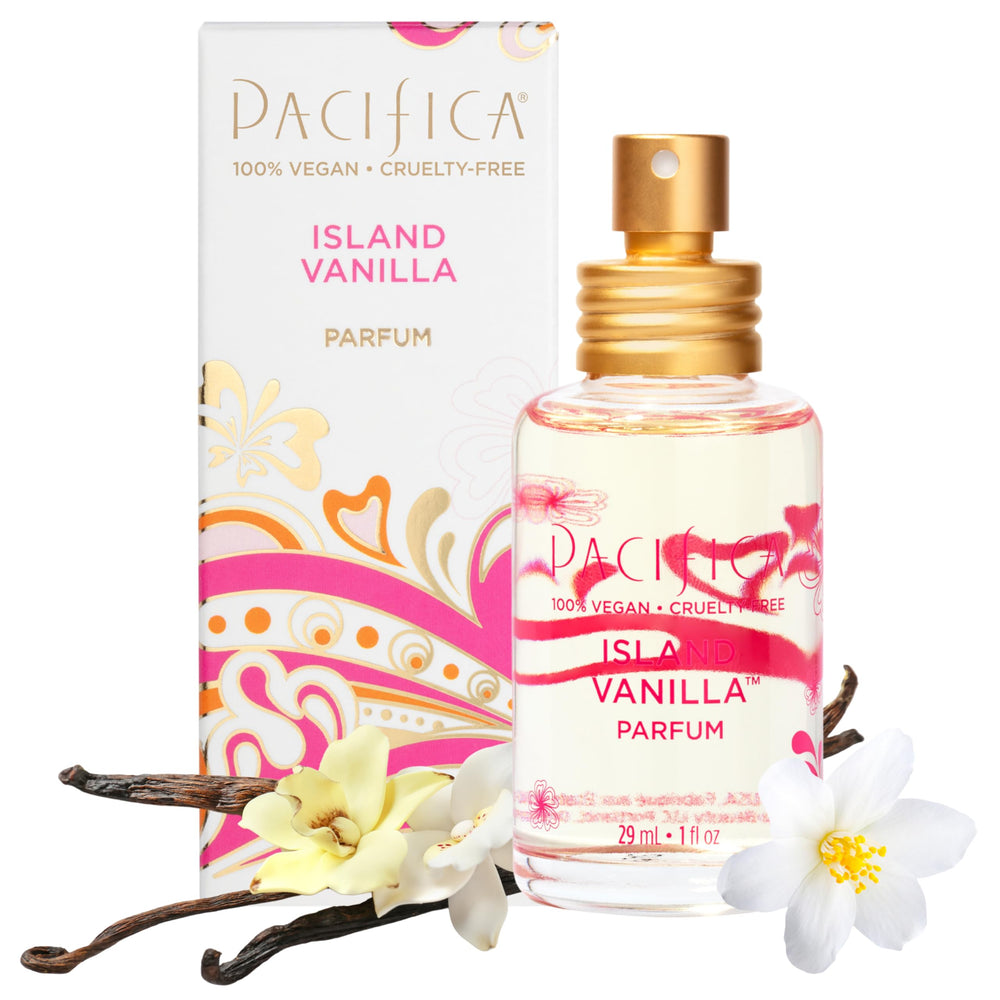 Pacifica Island Vanilla perfume bottle on a vanity for daily wear.