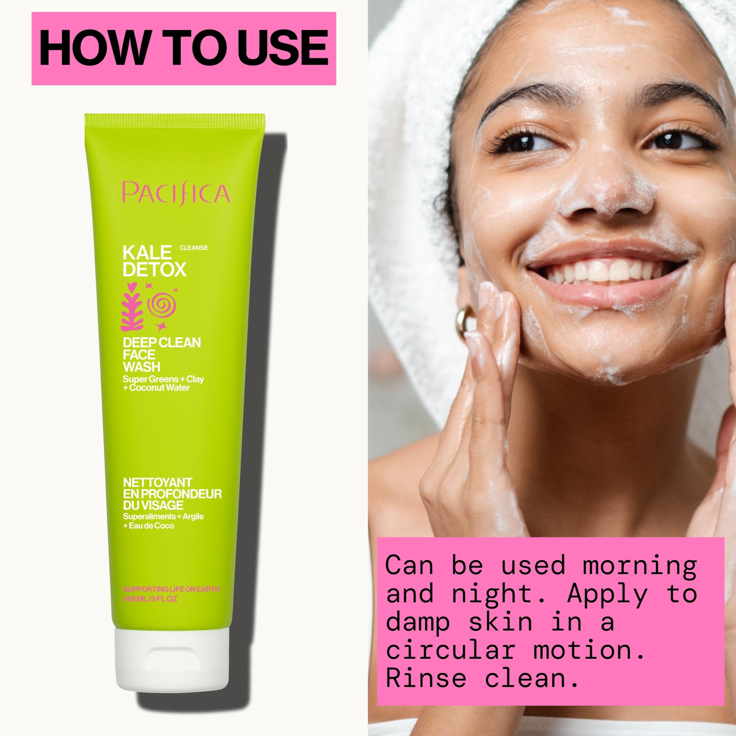 Pacifica Kale Detox Face Wash application shot suggests makeup removal and daily cleanse