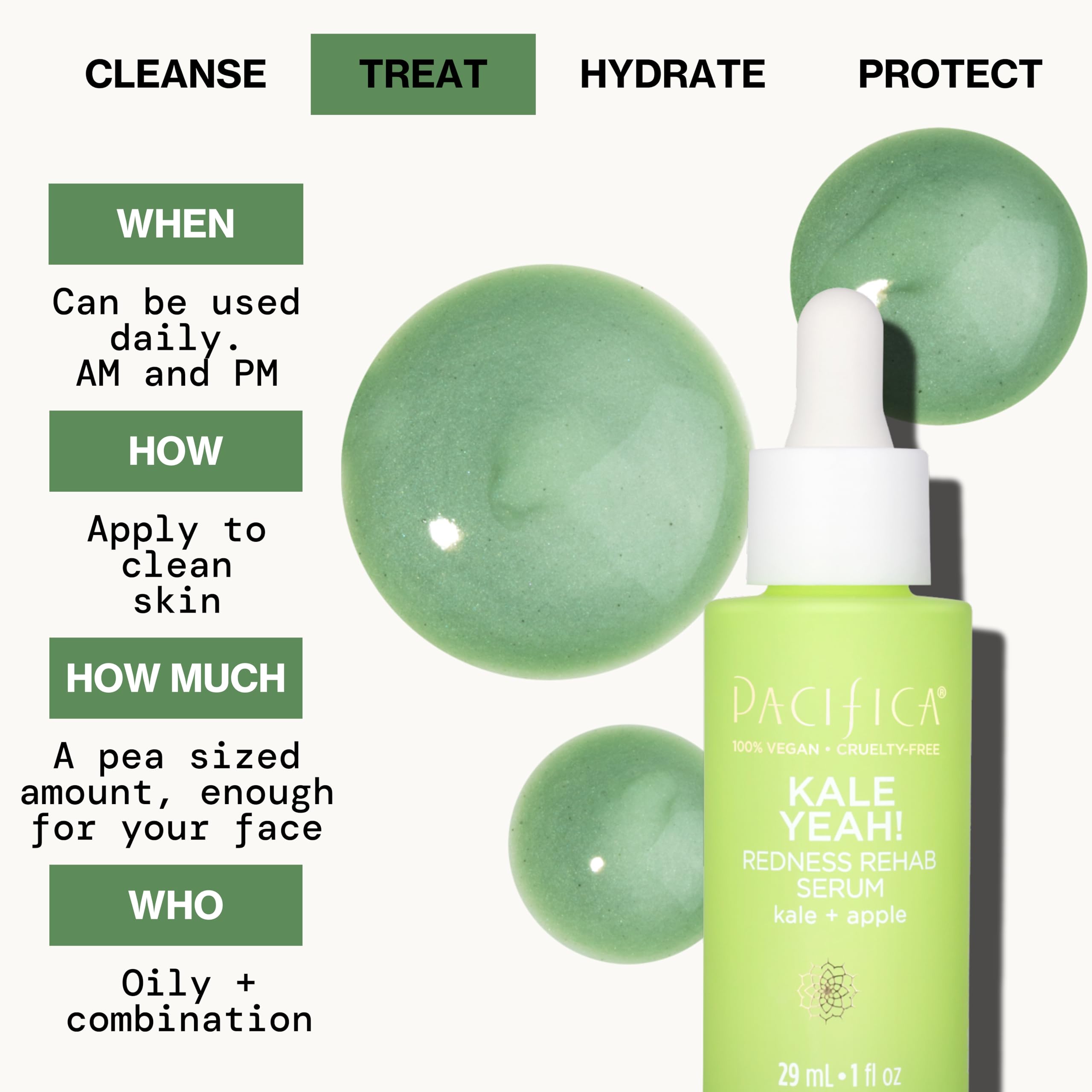 Pacifica Kale Yeah! Bisabolol and allantoin emphasize gentle soothing care.