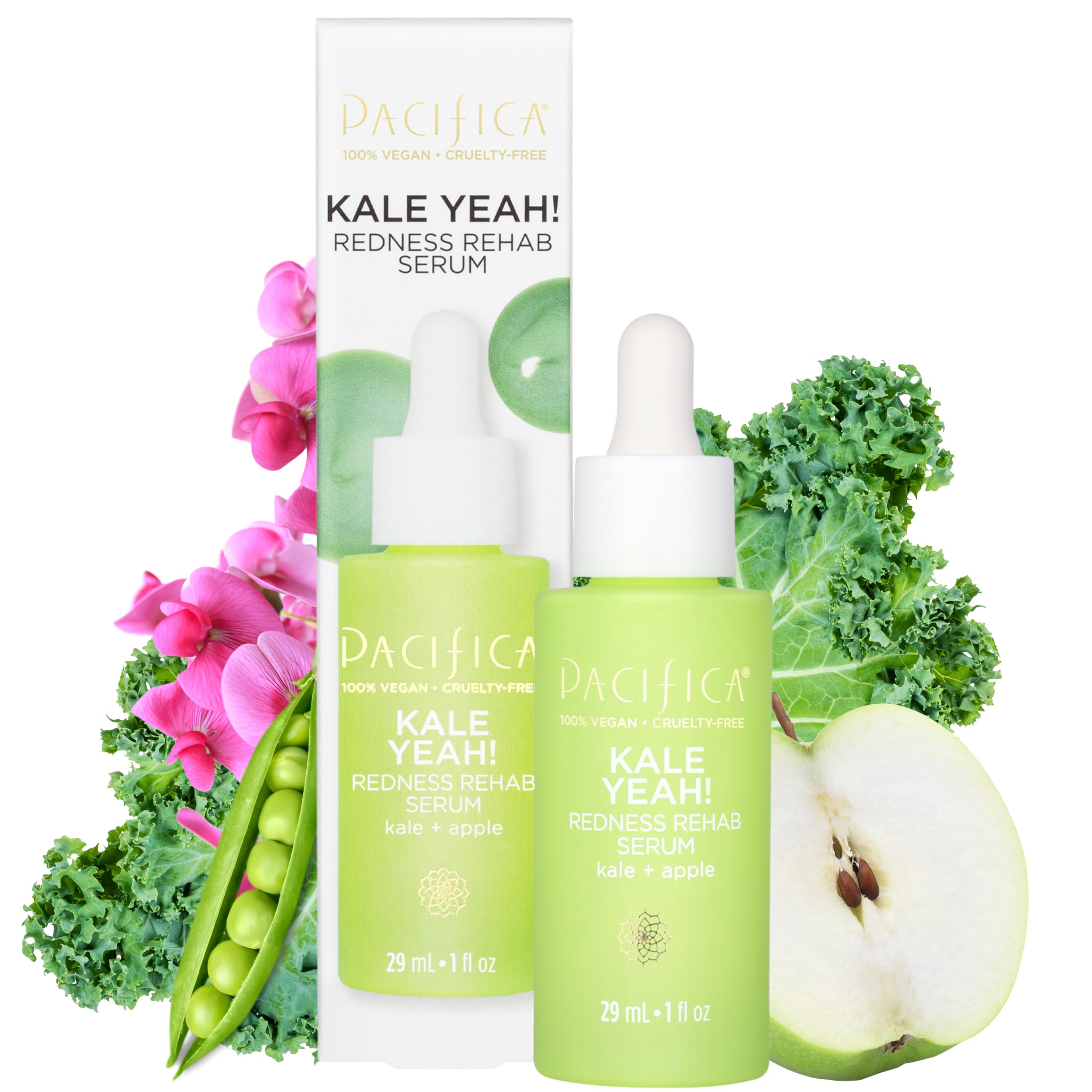 Pacifica Kale Yeah! Redness Rehab Serum bottle shows soothing redness relief and lightweight hydration.