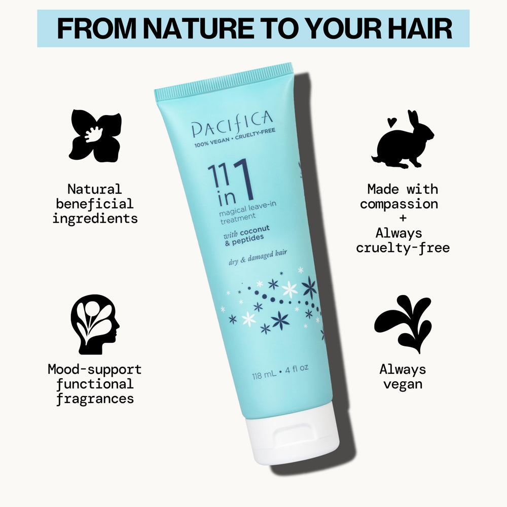 Pacifica Leave-In 11 en 1, agua de coco y vitamina B5 para cuidado diario.
