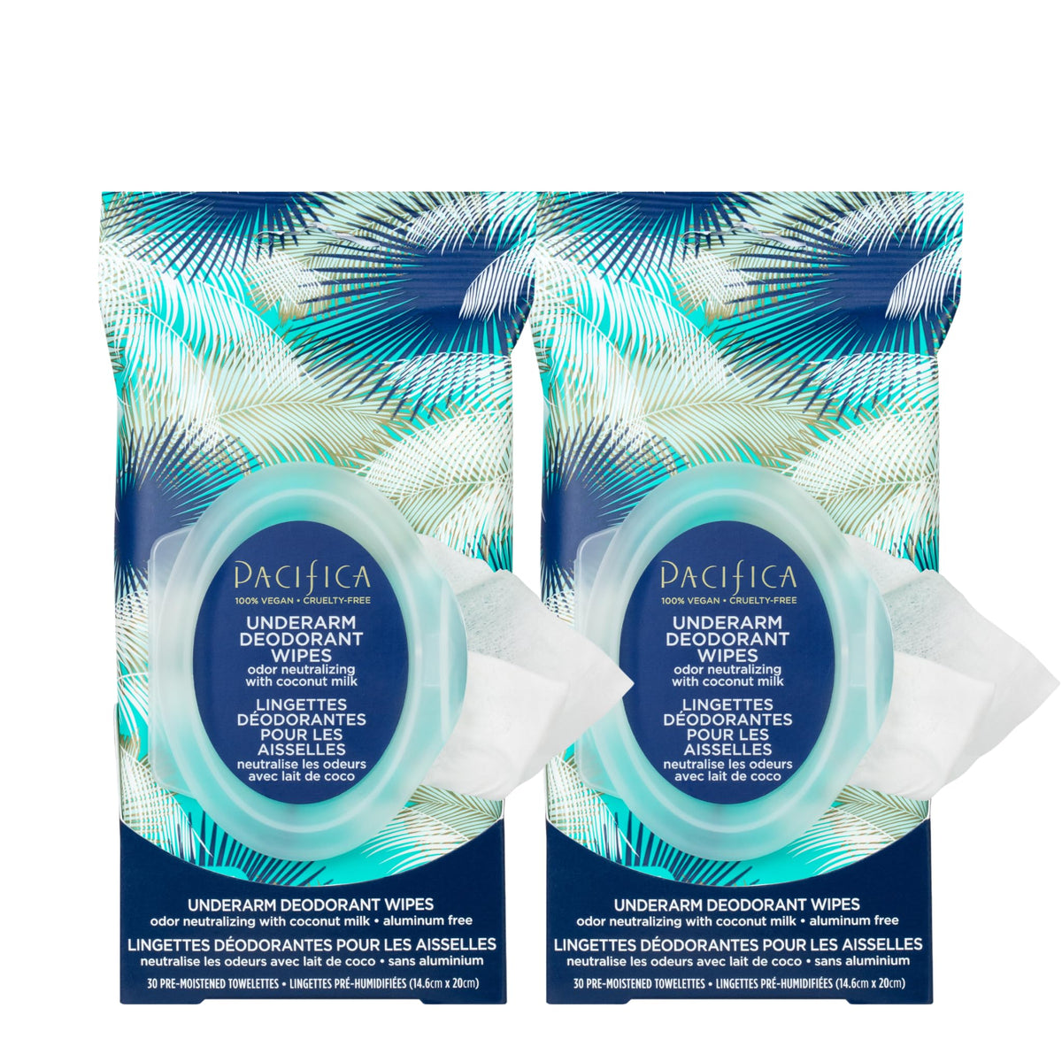 Pacifica Leche de Coco: toallitas desodorantes axilares en paquete para uso diario.