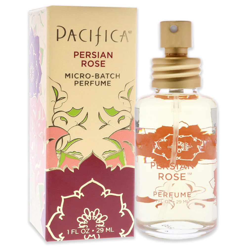 Pacifica Persian Rose packaging showcases sustainable glass bottle and chic branding.