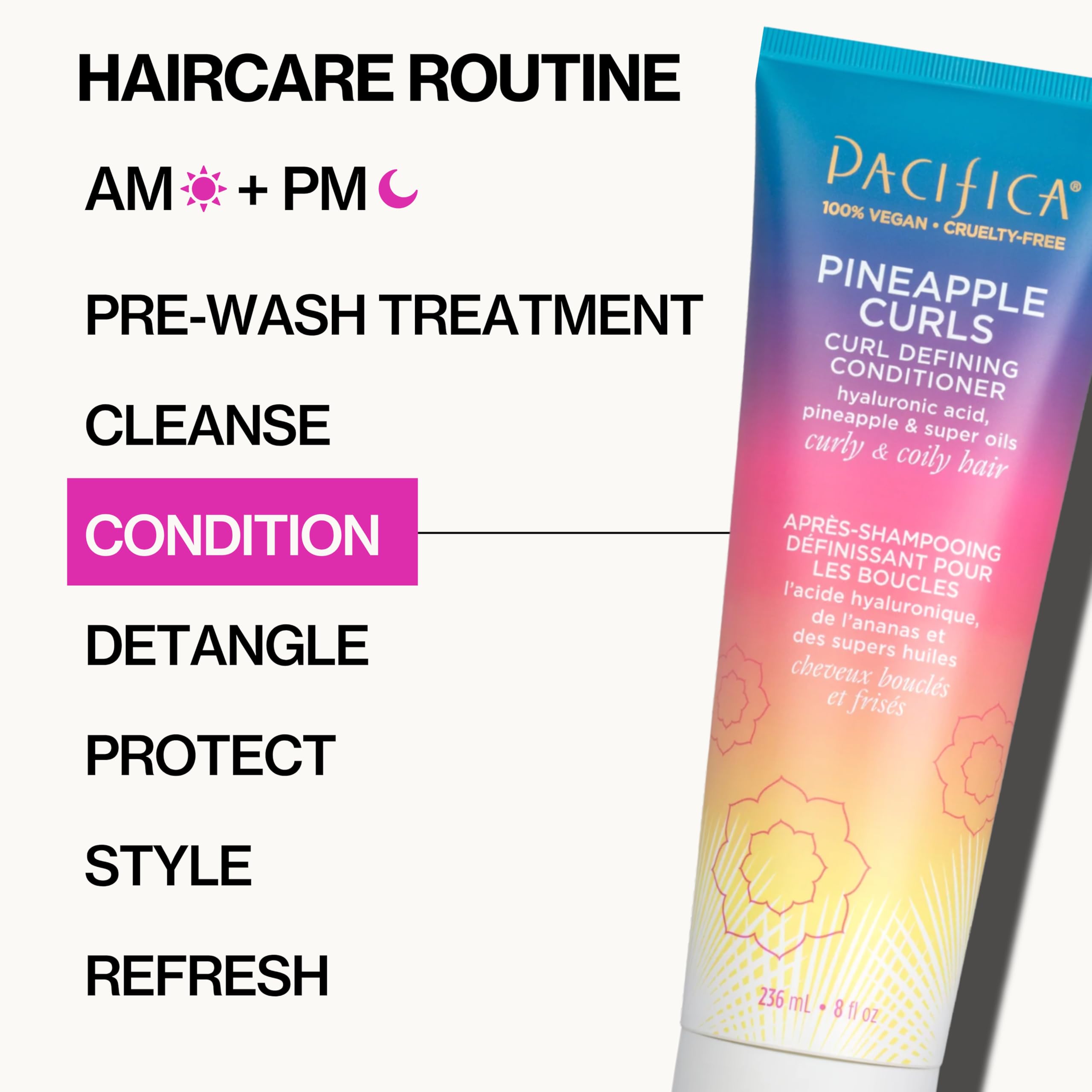 Pacifica Pineapple Curls conditioner tropical scent fills shower.