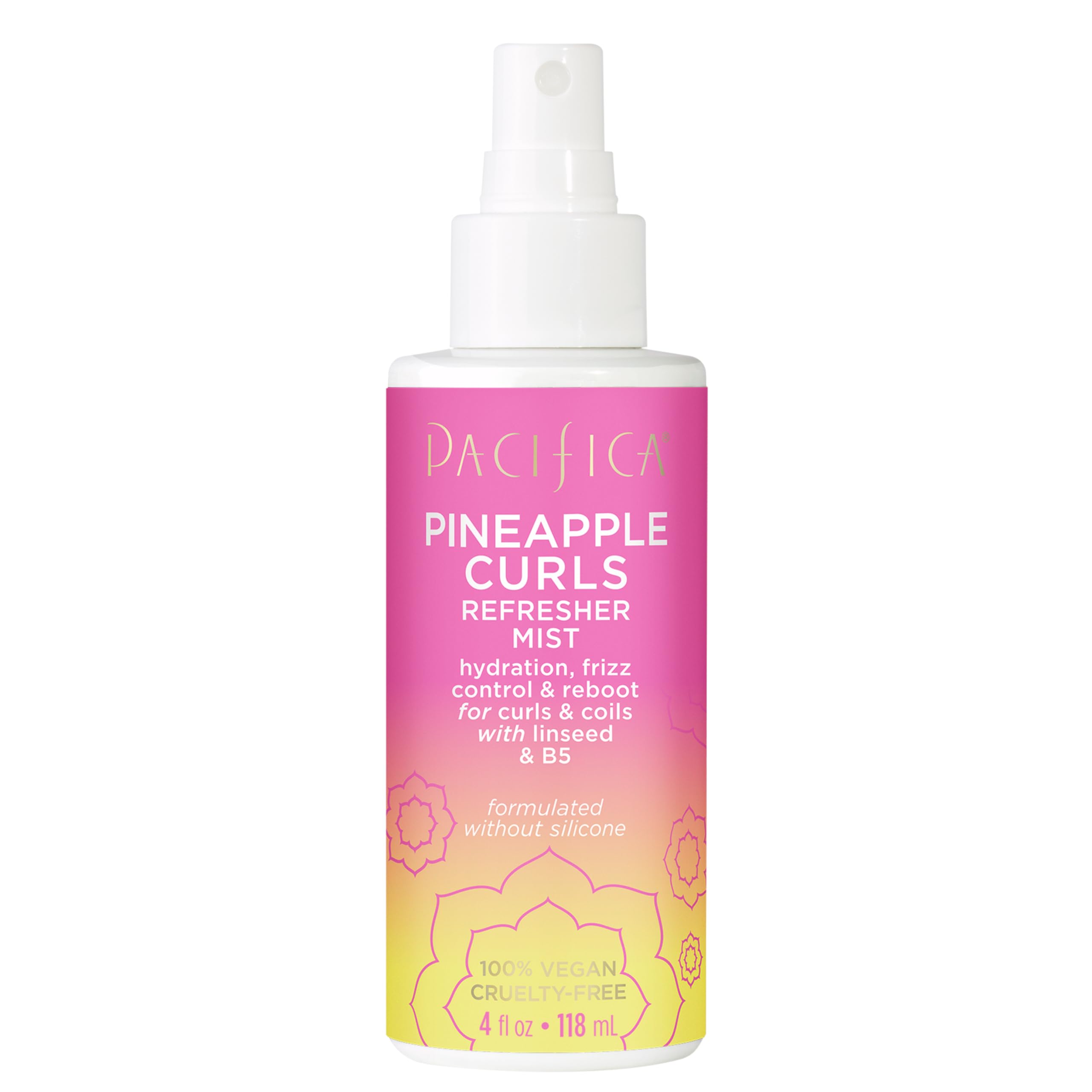 Pacifica Pineapple Curls Refresher Mist bottle on white backdrop for lightweight curl revival