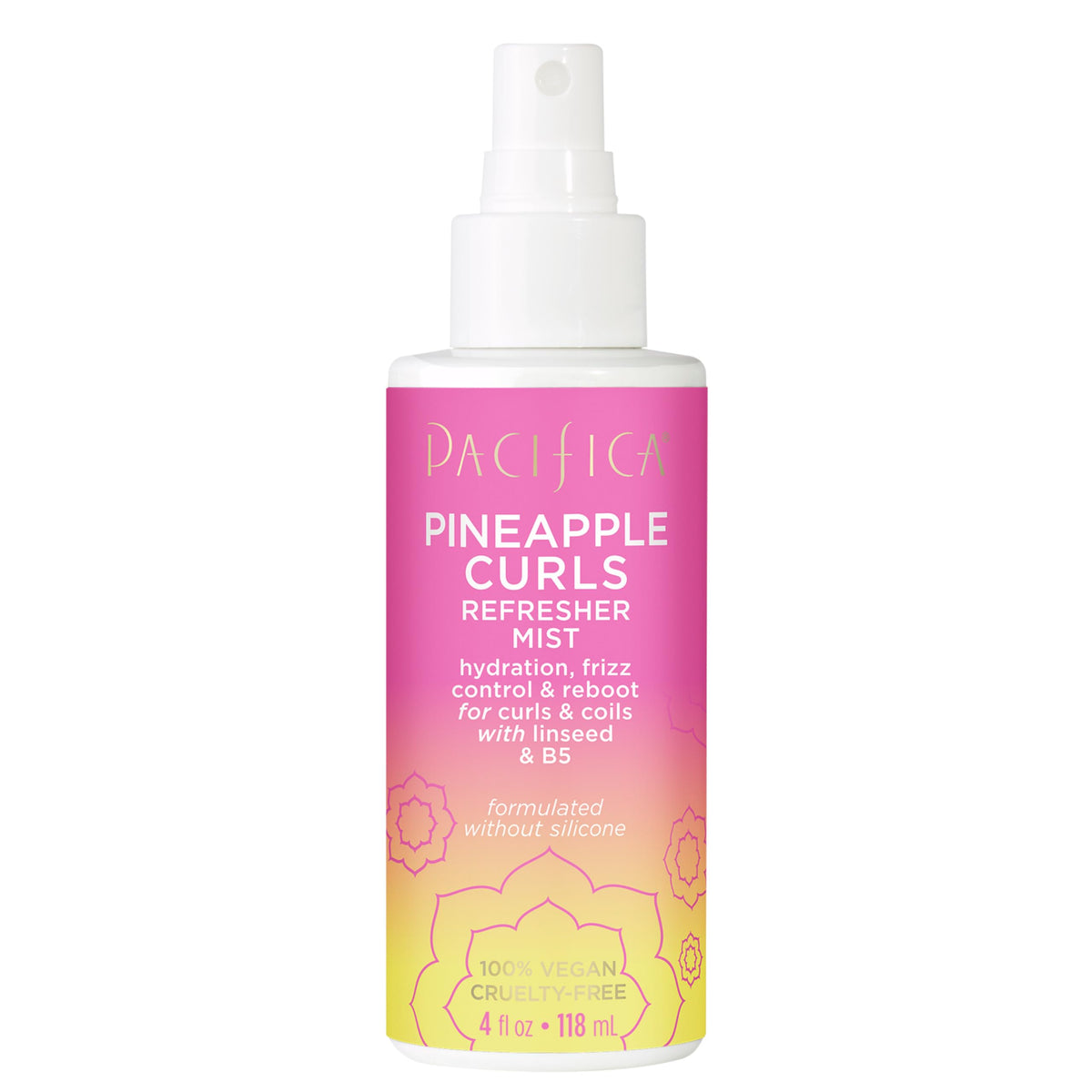Pacifica Pineapple Curls Refresher Mist bottle on white backdrop for lightweight curl revival