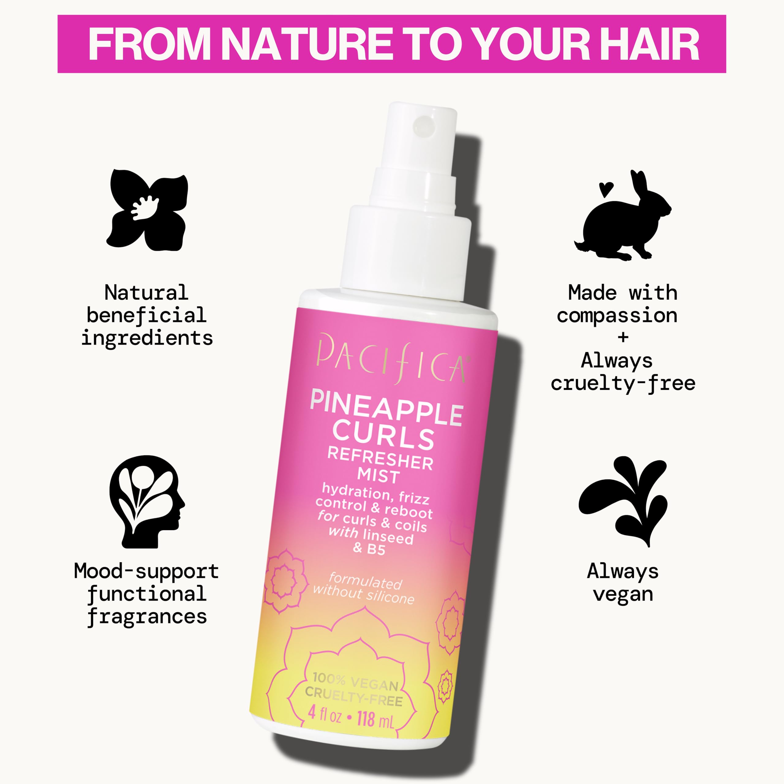 Pacifica Pineapple Curls Refresher Mist travel-size bottle resting in hand