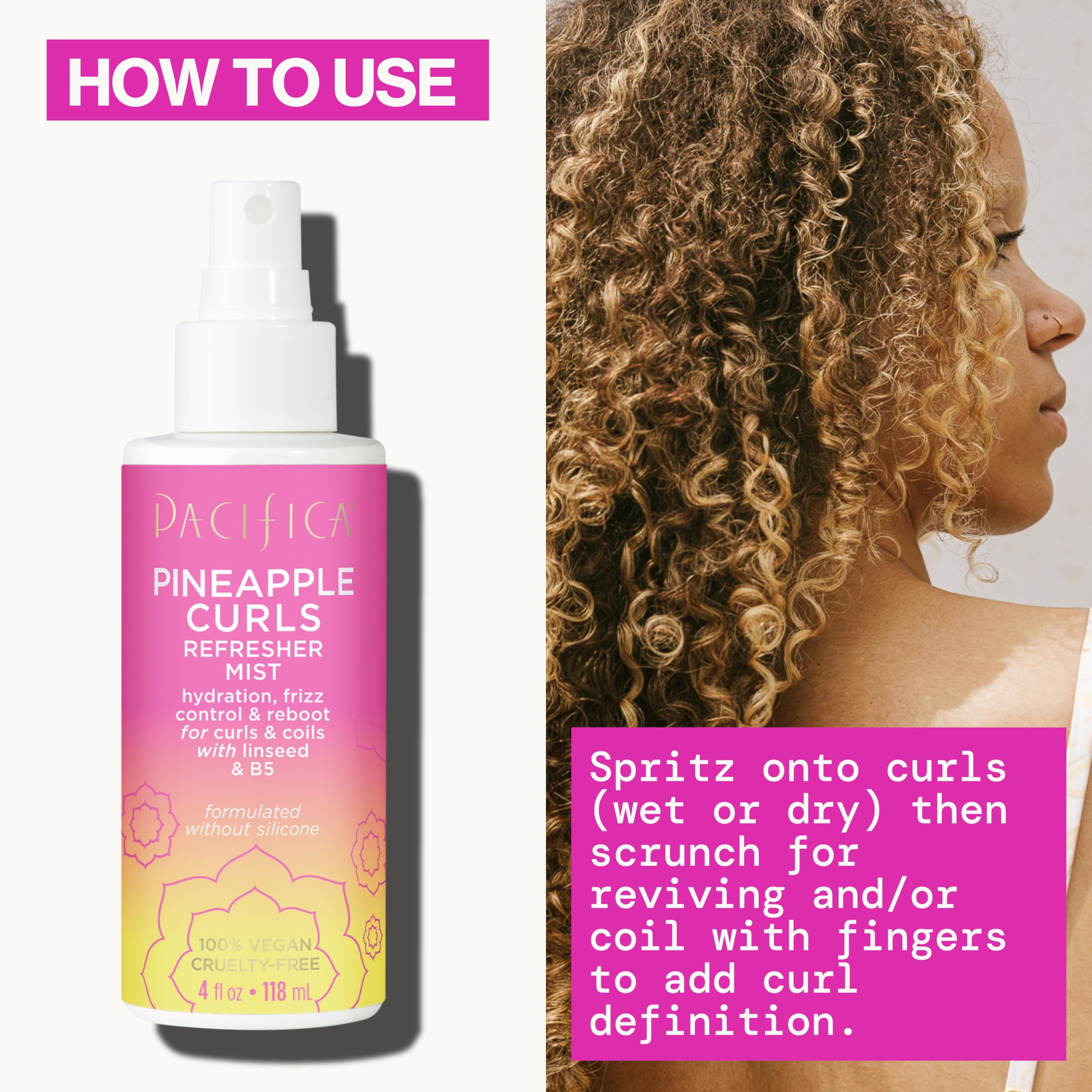Pacifica Pineapple Curls Refresher Mist clear spray on damp hair