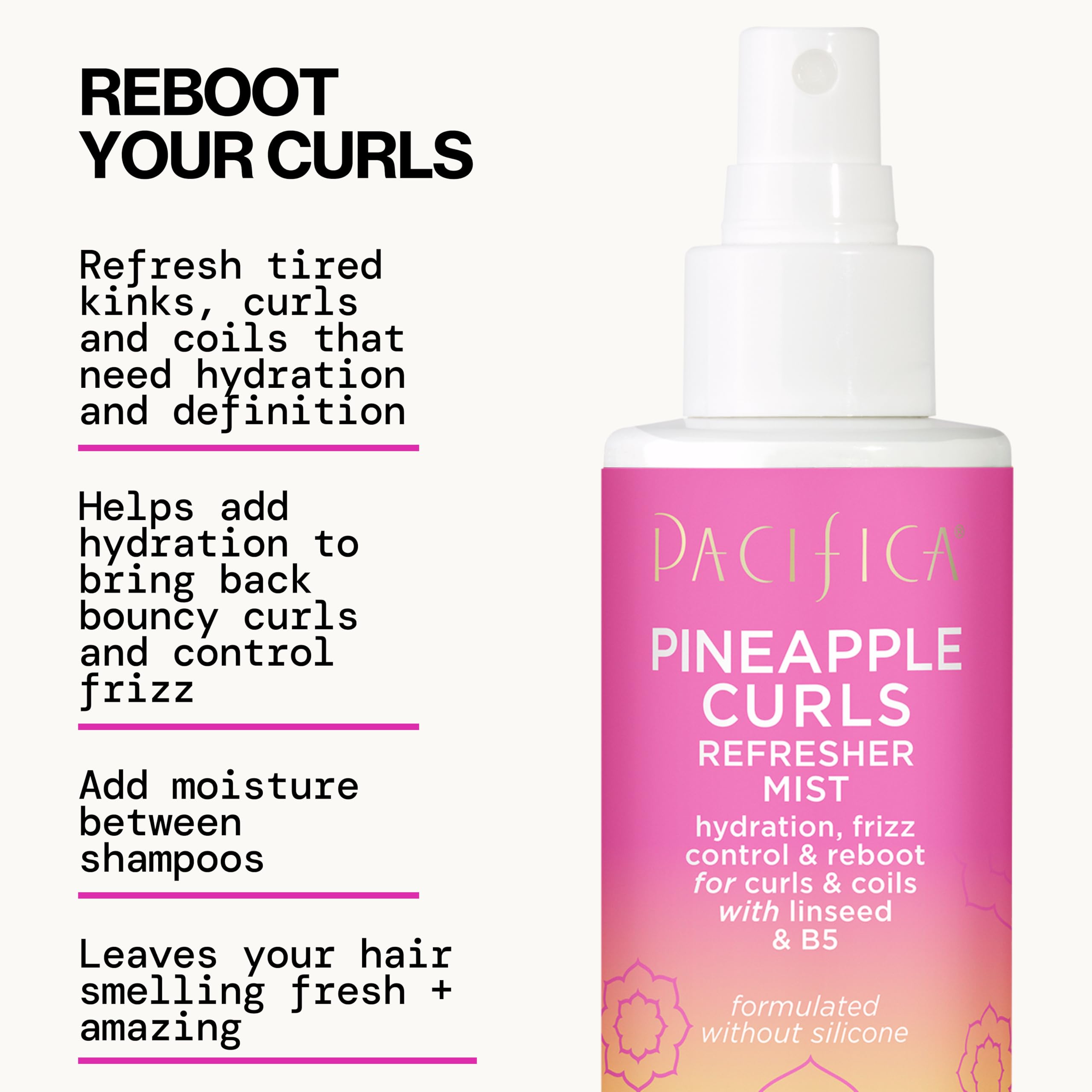 Pacifica Pineapple Curls Refresher Mist pump bottle with ingredient highlights