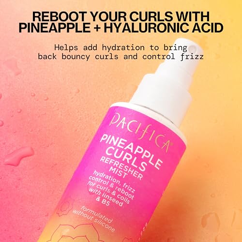 Pacifica Pineapple Curls Refresher Mist spray in hand for mid-day curl refresh