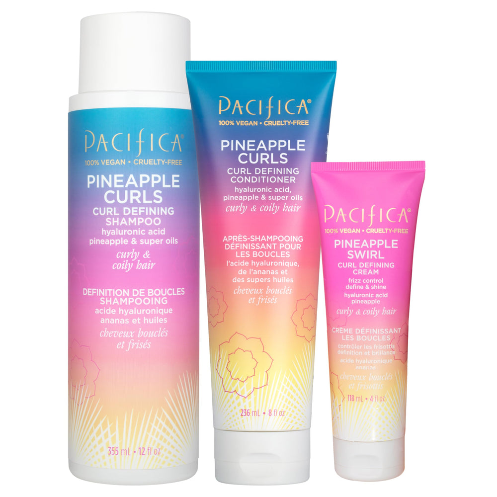 Pacifica Pineapple Curls shampoo bottle highlighting frizz control and curl definition