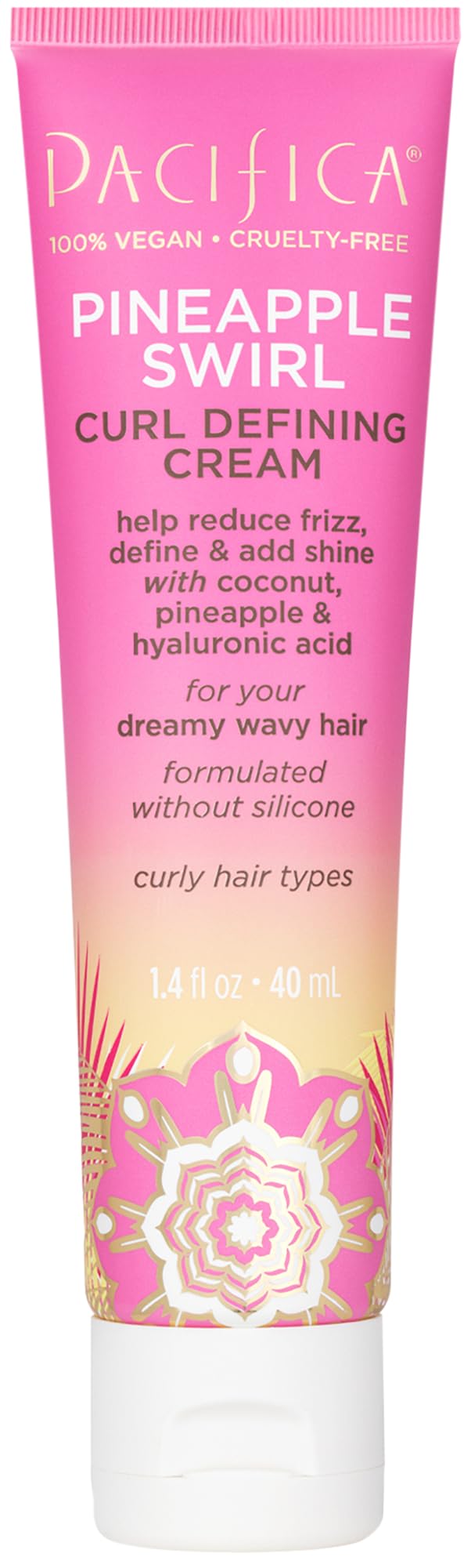 Pacifica Pineapple Swirl curl cream bottle defines curls with lightweight hold.