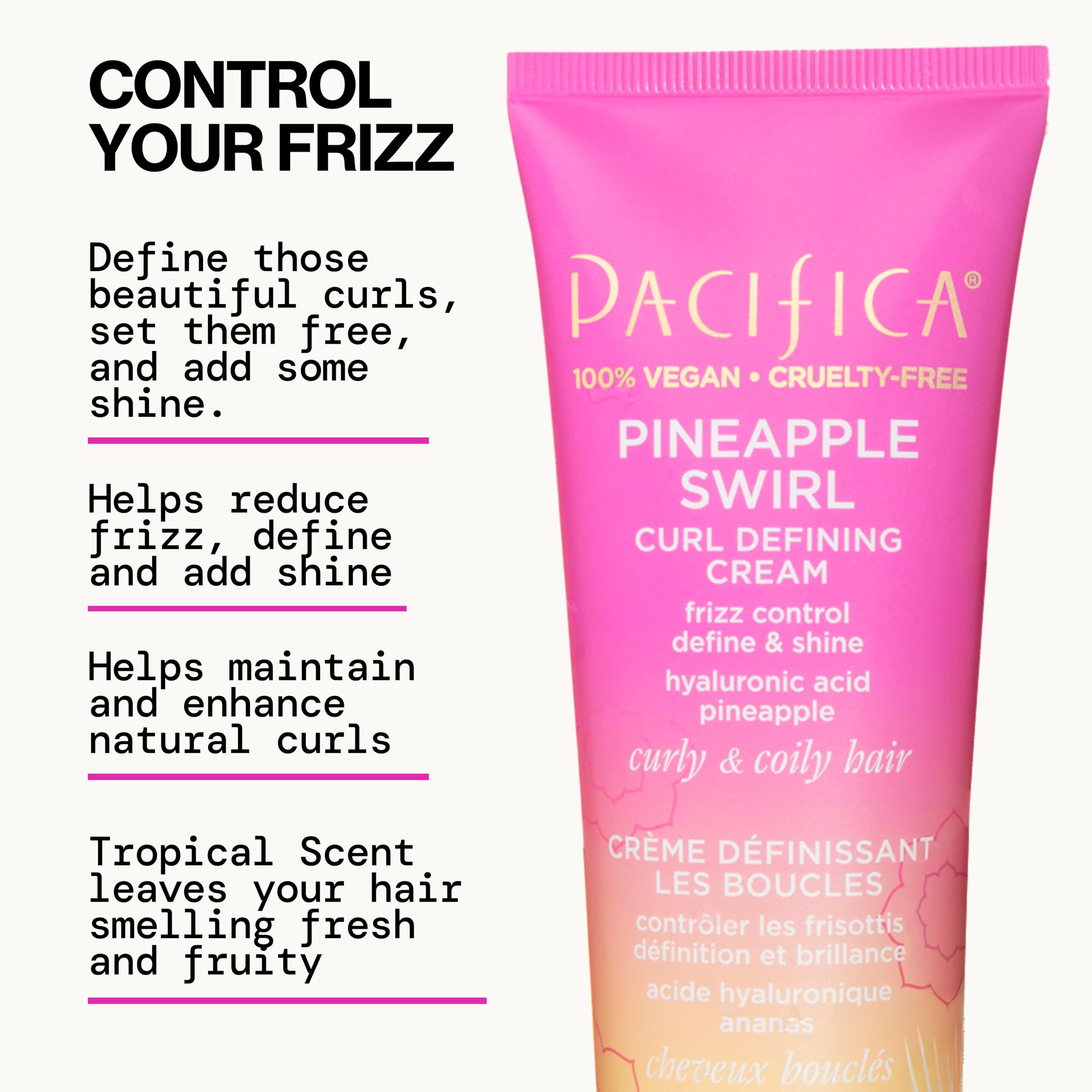 Pacifica Pineapple Swirl Curl Cream jar highlighting hold without crunch and shine