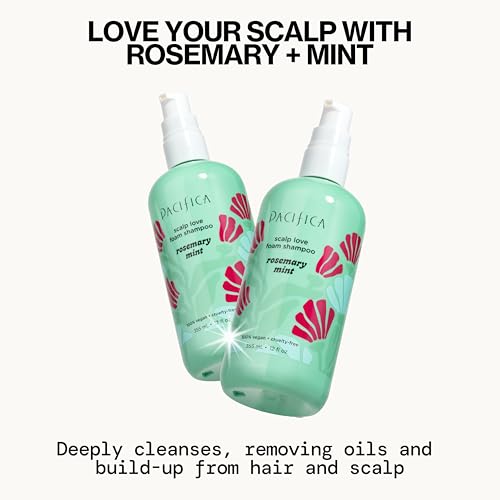 Pacifica Rosemary Mint Scalp Detox Shampoo back label shows vegan, sulfate-free formula notes.