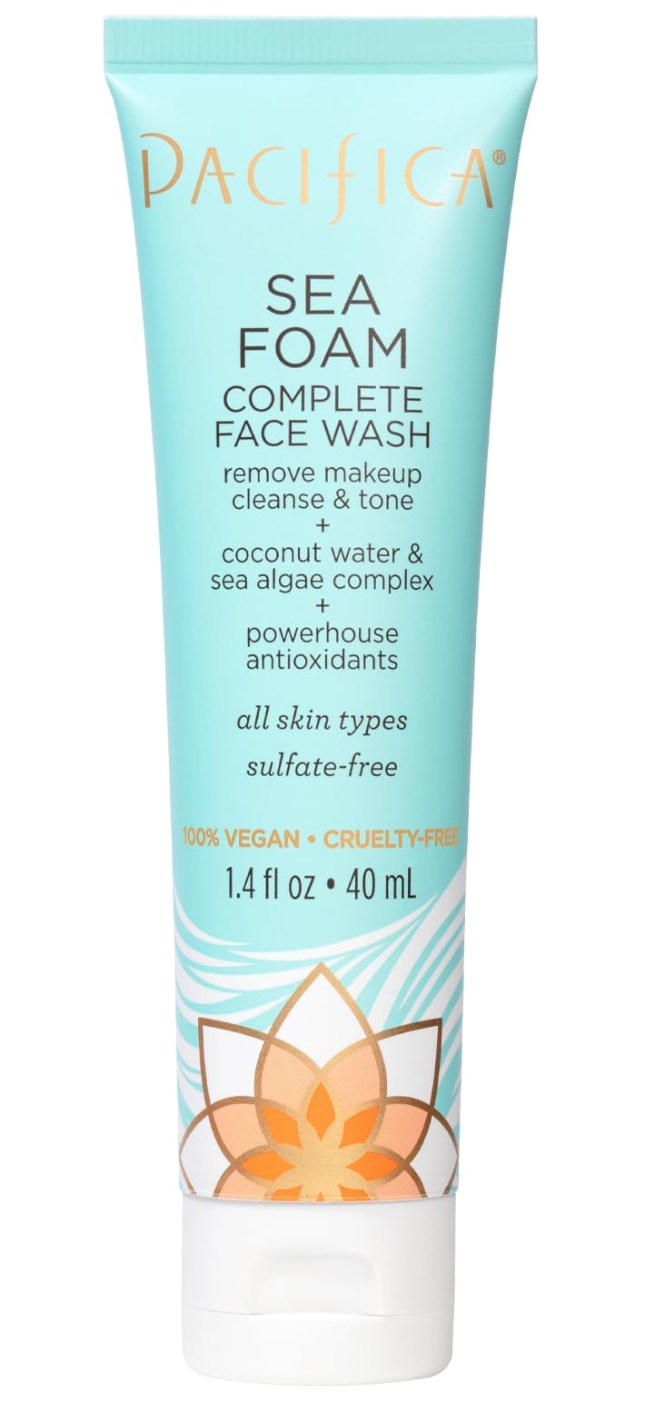Pacifica Sea Foam Face Wash bottle pouring, gentle cleansing without drying